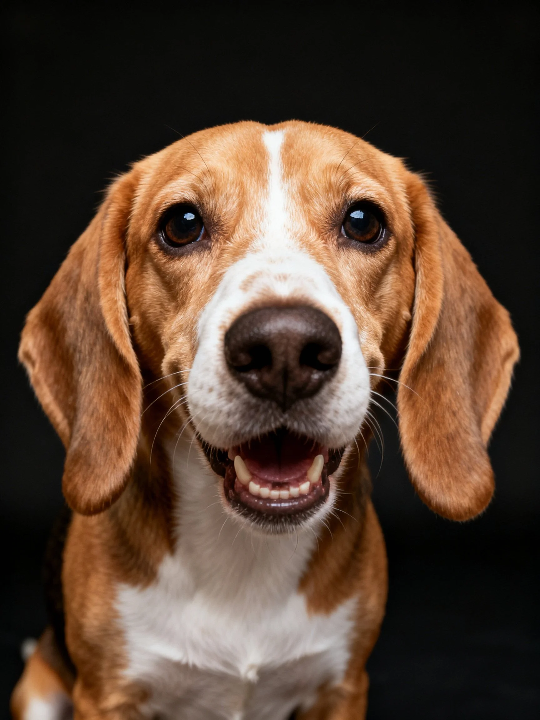 A close - up portrait of a brown and white beagle with large ears.