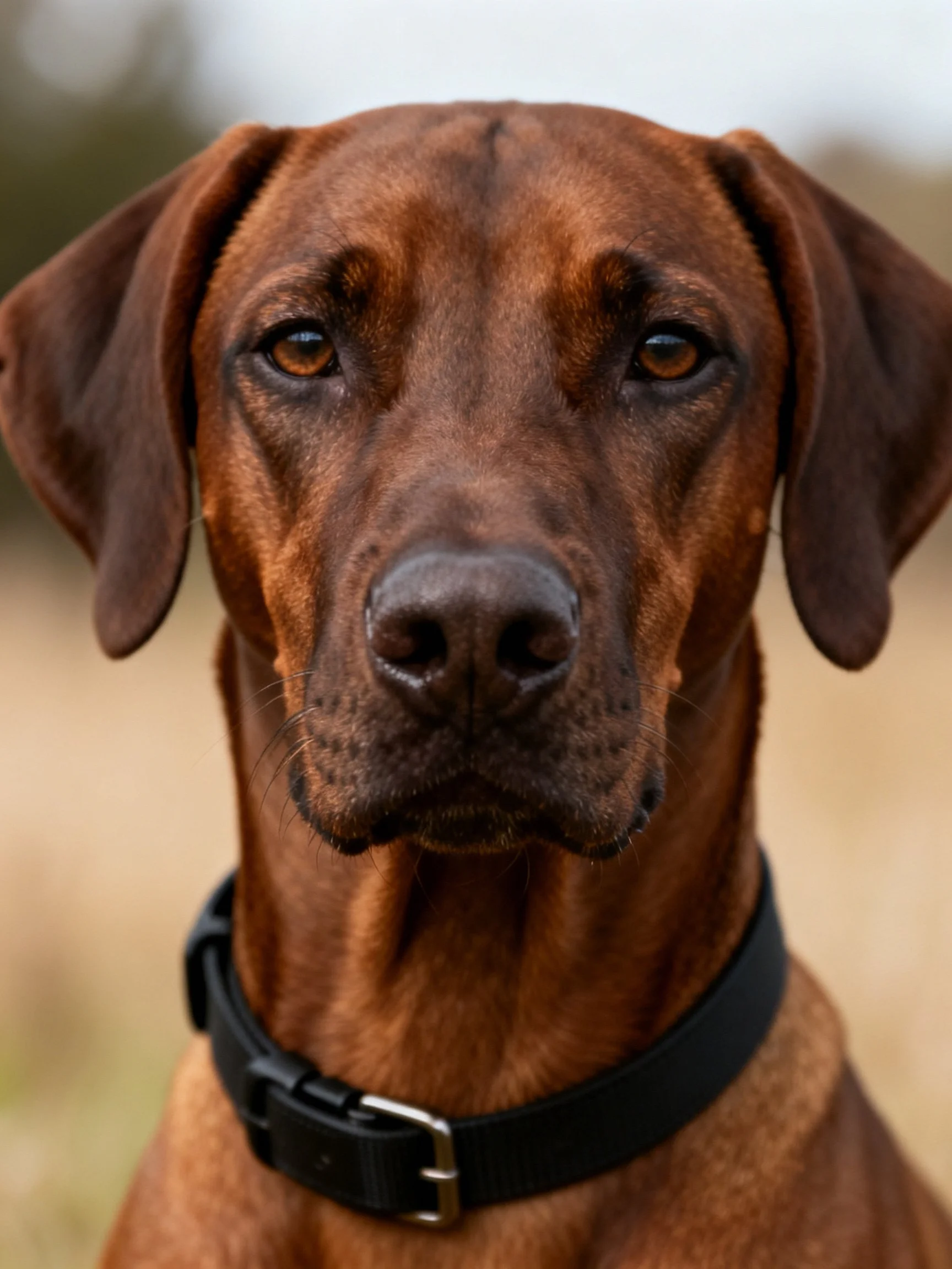 A close-up of a brown dog with a black collar in an outdoor setting.