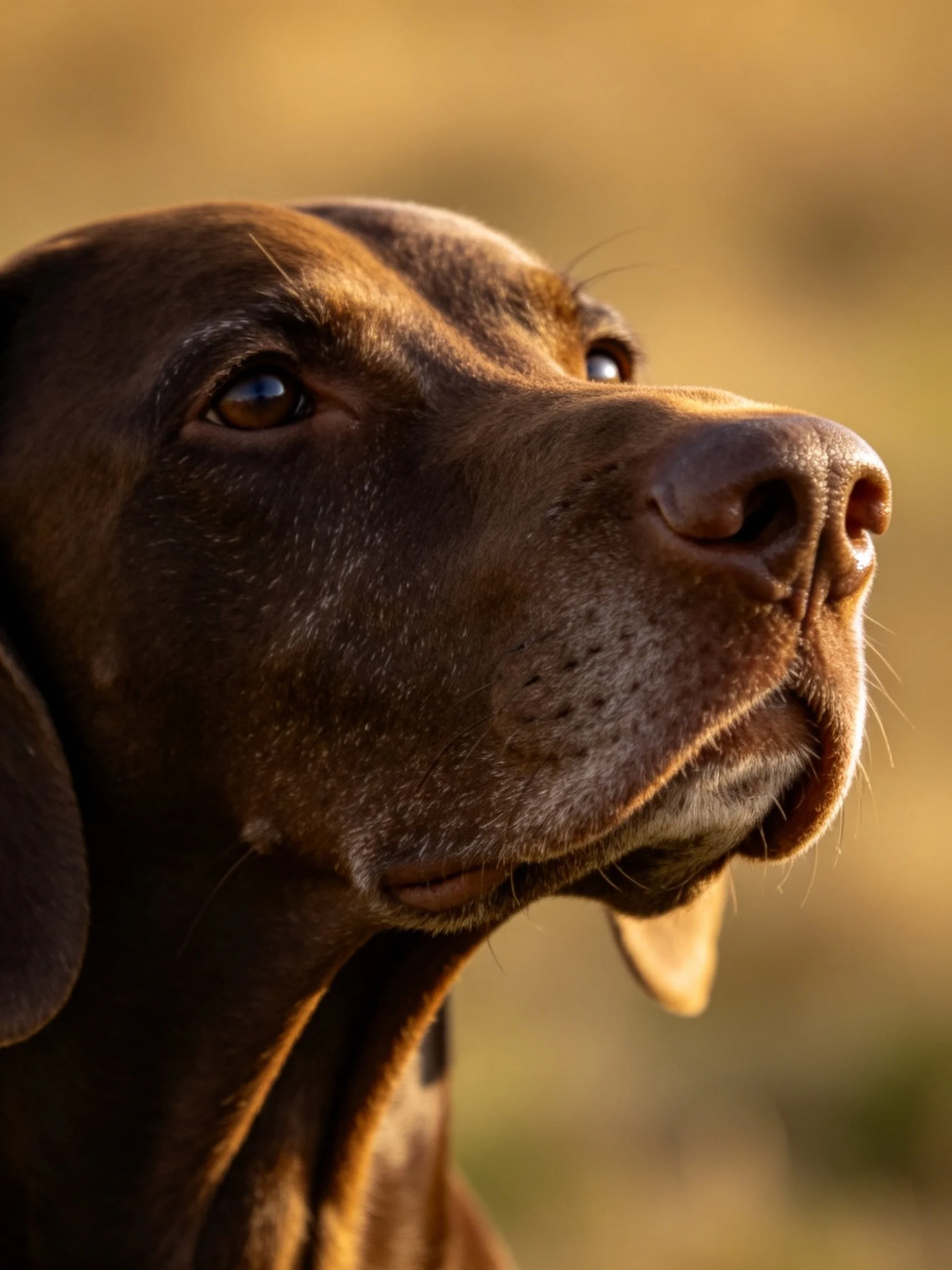 A close - up shows a brown hunting dog gazing attentively into the distance.