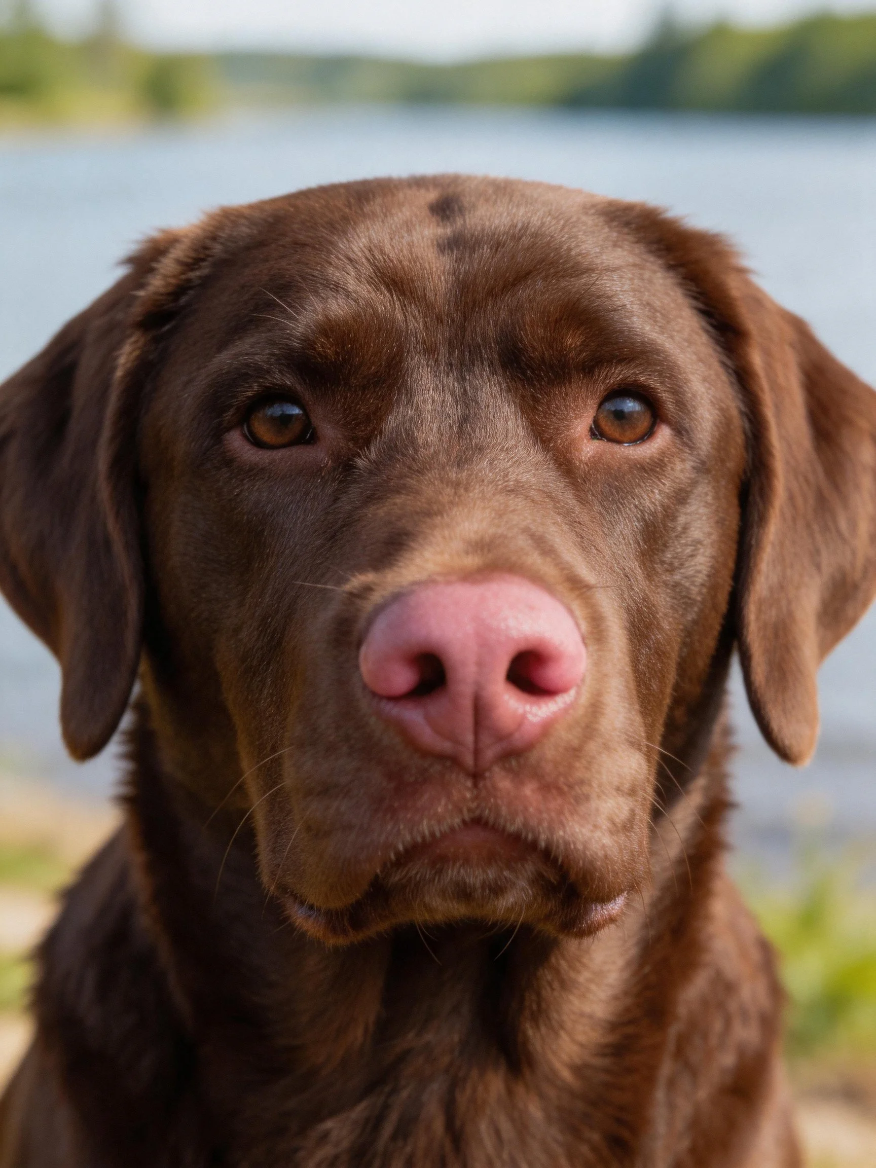 Close-up portrait of a chocolate Labrador retriever near water