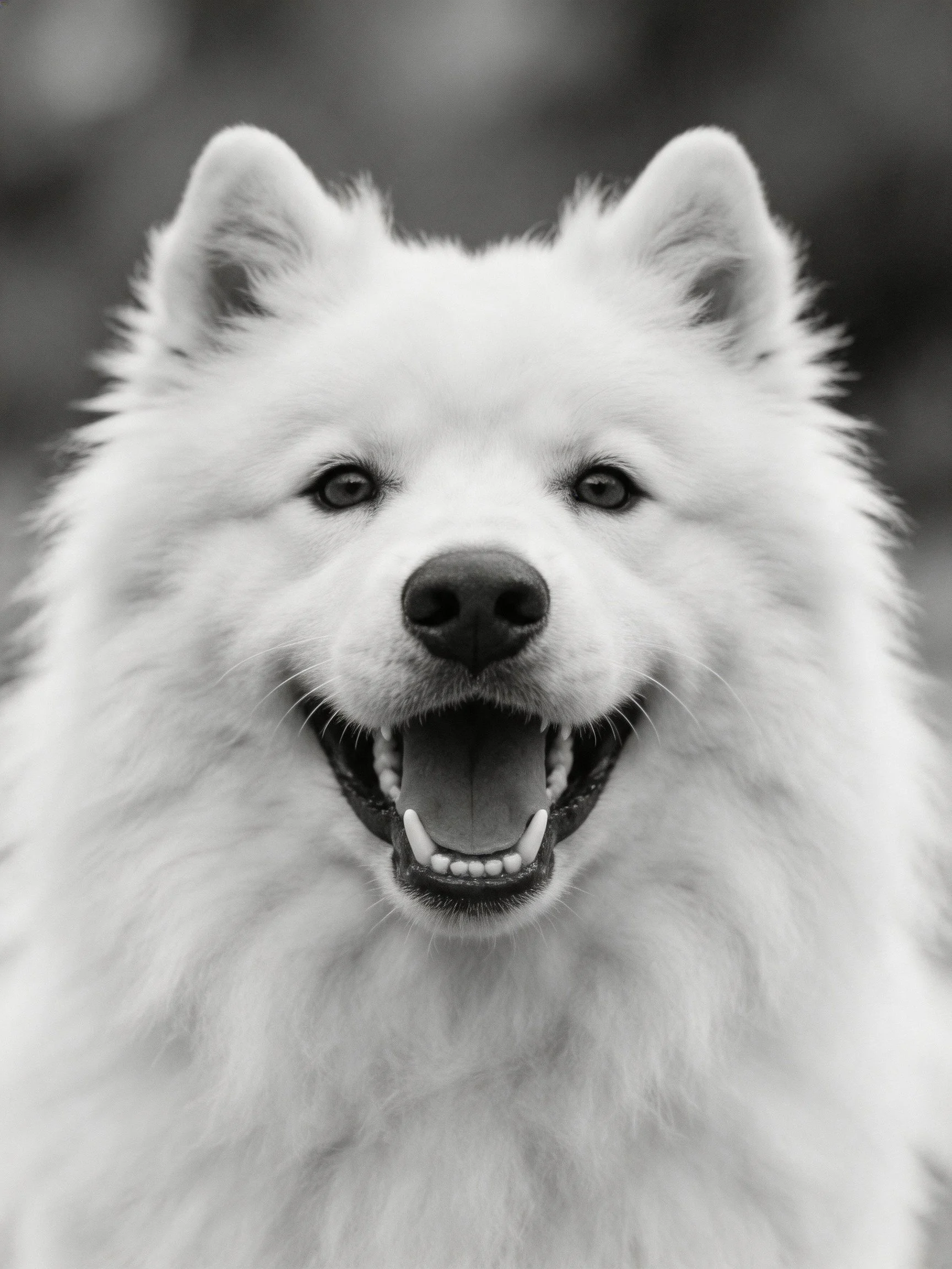 A close-up of a happy fluffy white Samoyed dog with an open mouth