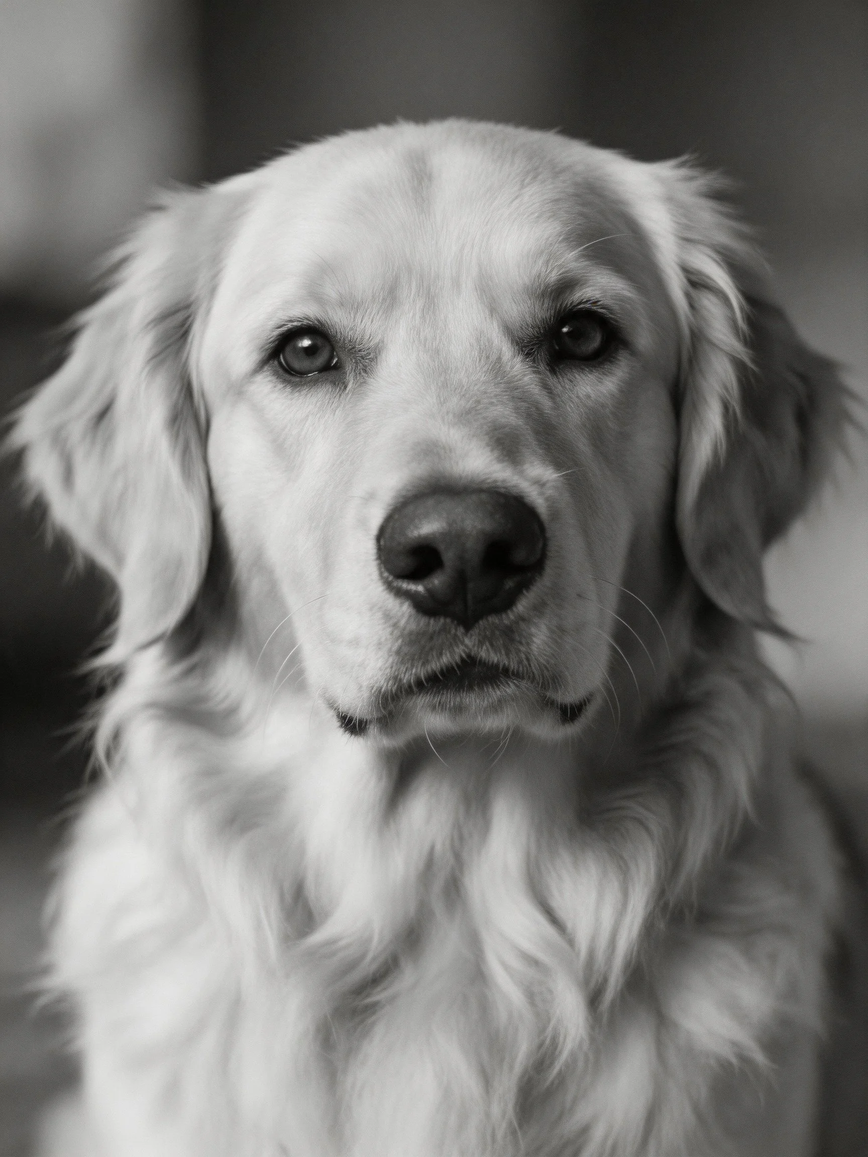 A golden retriever’s face is depicted in a close-up black and white photograph.