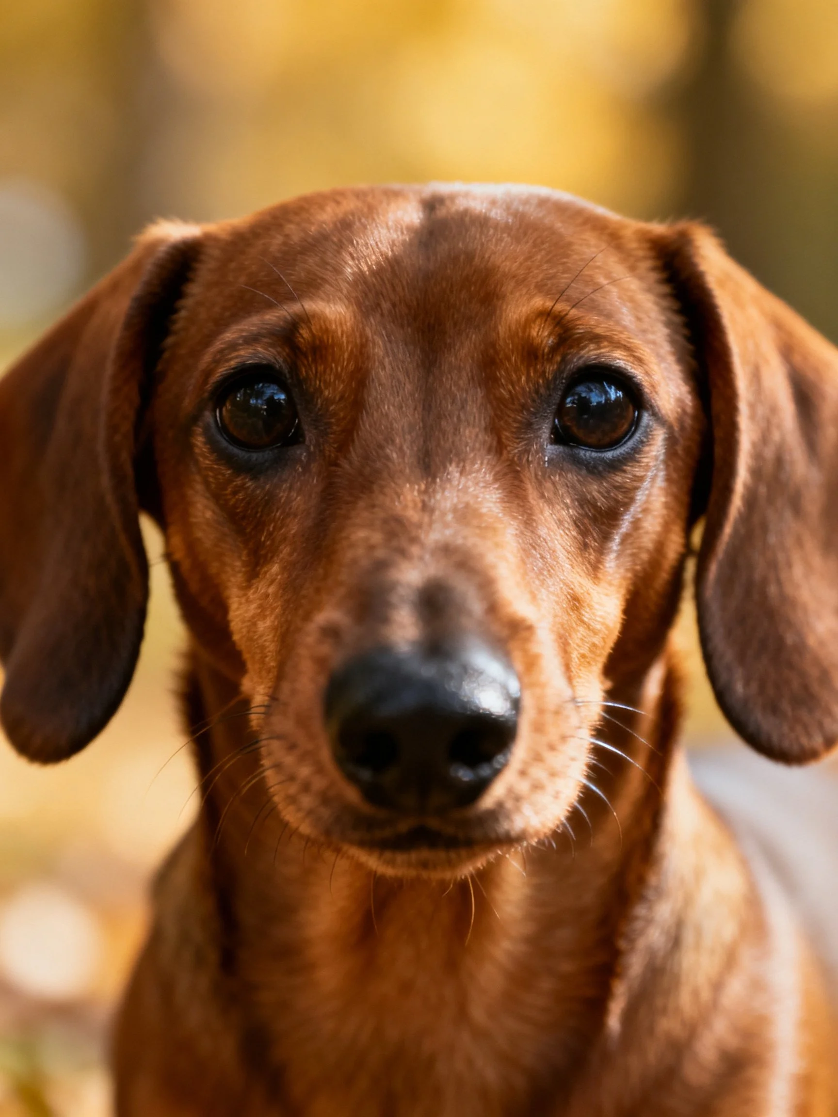 Close-up portrait of a reddish-brown dachshund with droopy ears