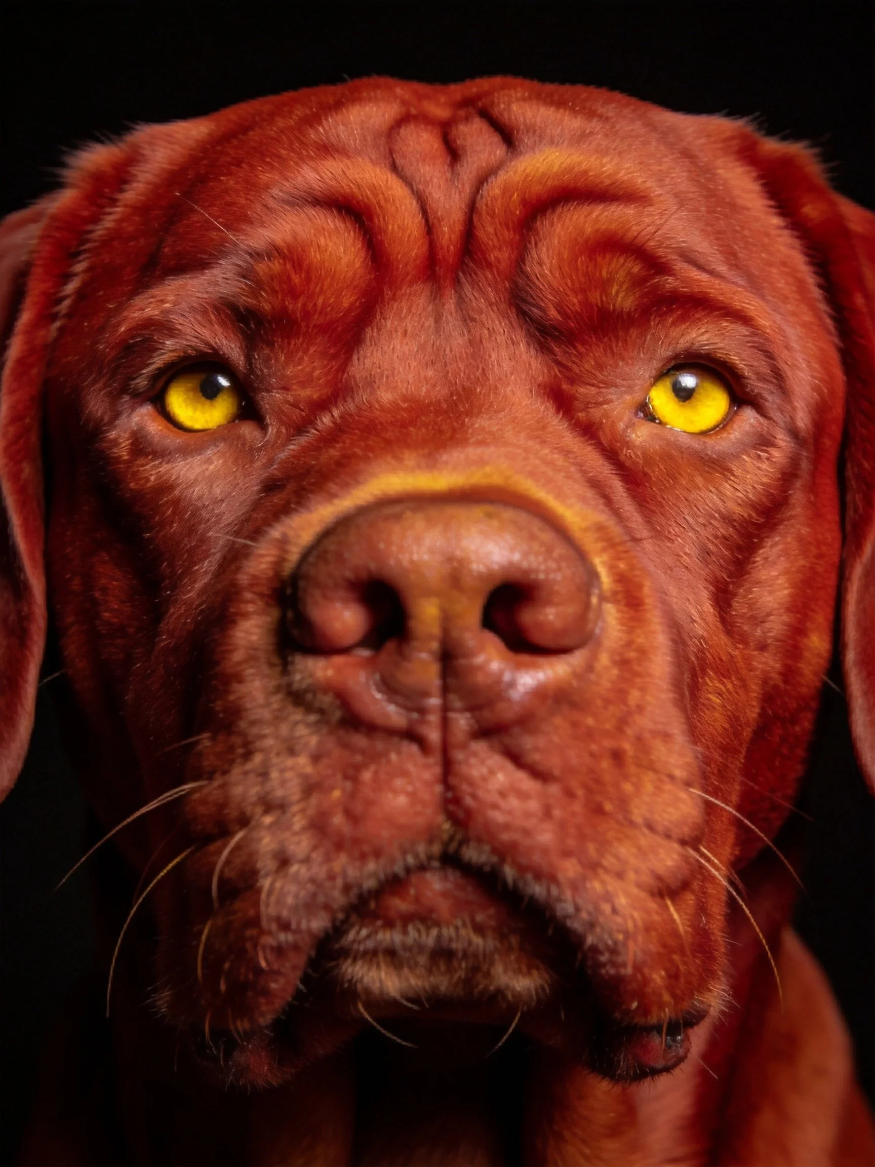 Close-up portrait of a reddish-brown dog with bright yellow eyes