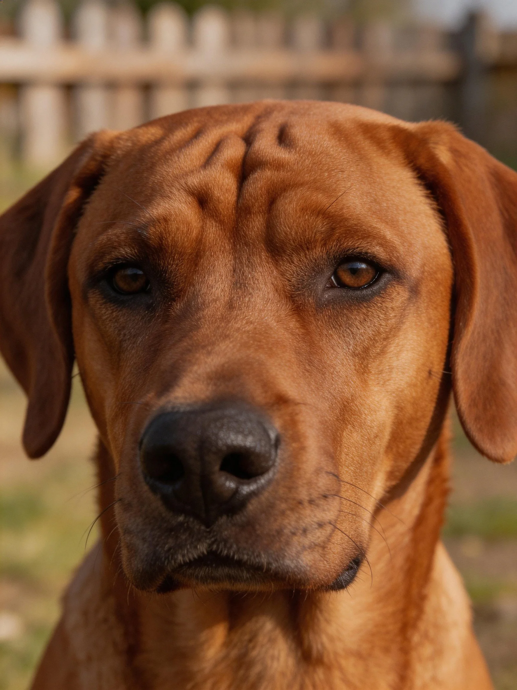 Close-up portrait of a reddish-brown dog with droopy ears