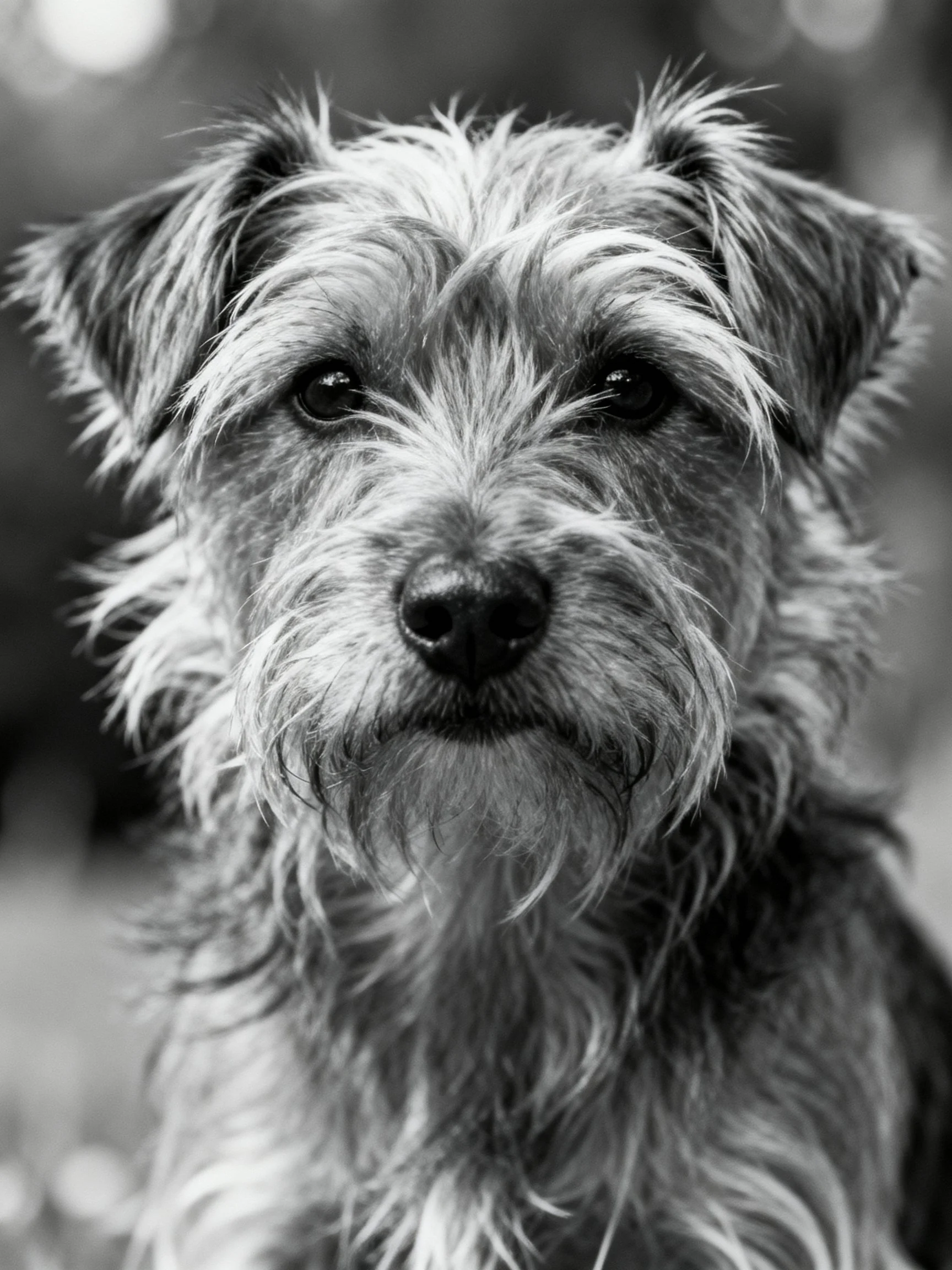 A close-up of a shaggy-coated dog captured in black and white.
