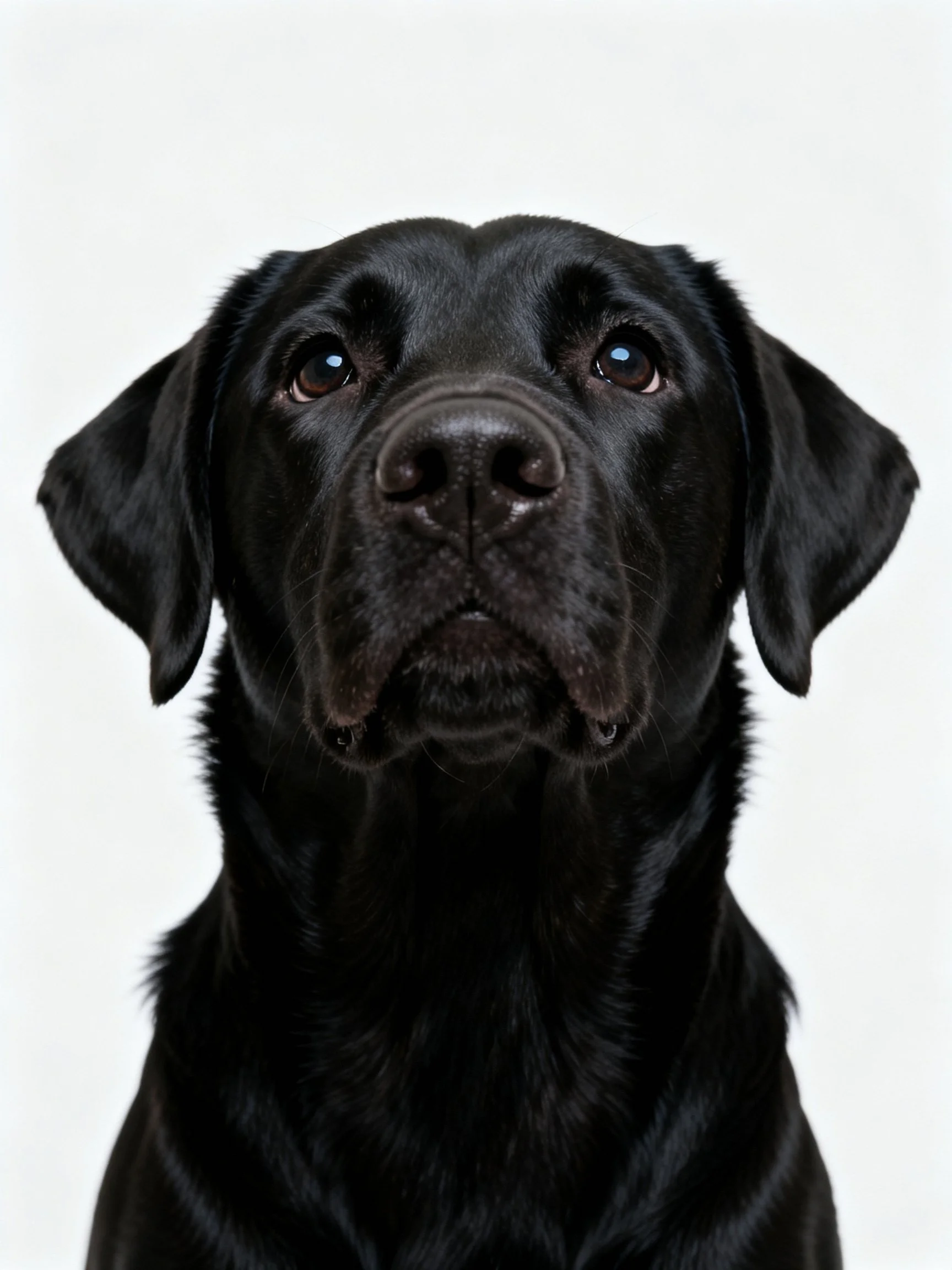 A close-up portrait displays a sleek black Labrador Retriever against a plain white backdrop.
