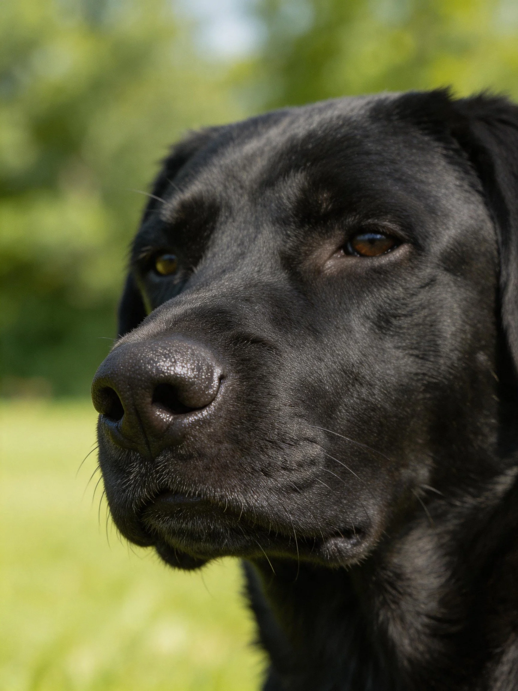 A close-up of a sleek black Labrador retriever in an outdoor setting.