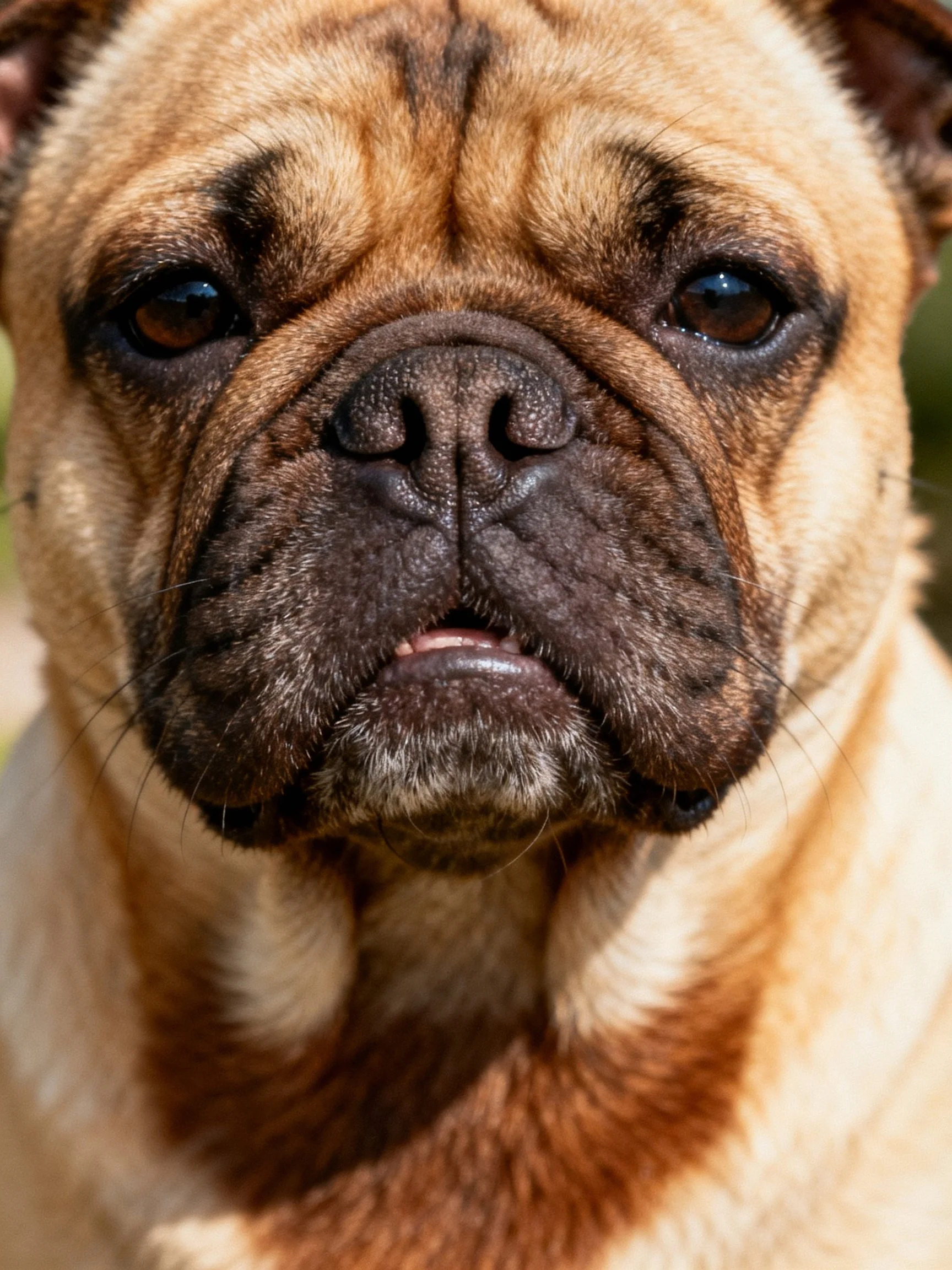 A close-up reveals a tan and brown pug with distinct facial features