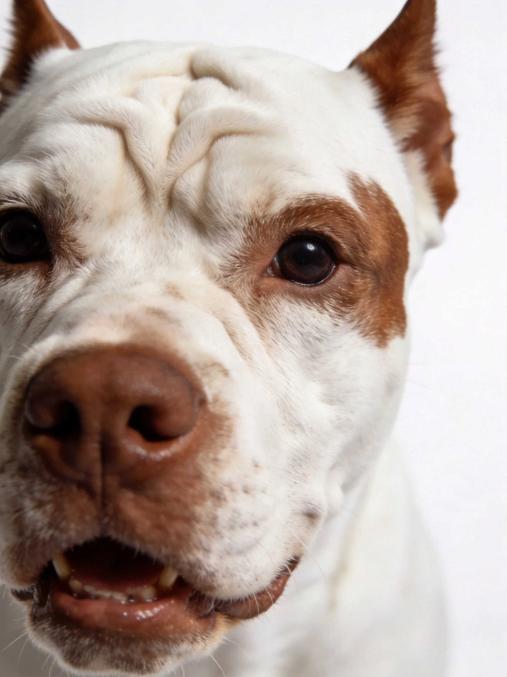 A close - up reveals a white and brown dog with expressive facial features.
