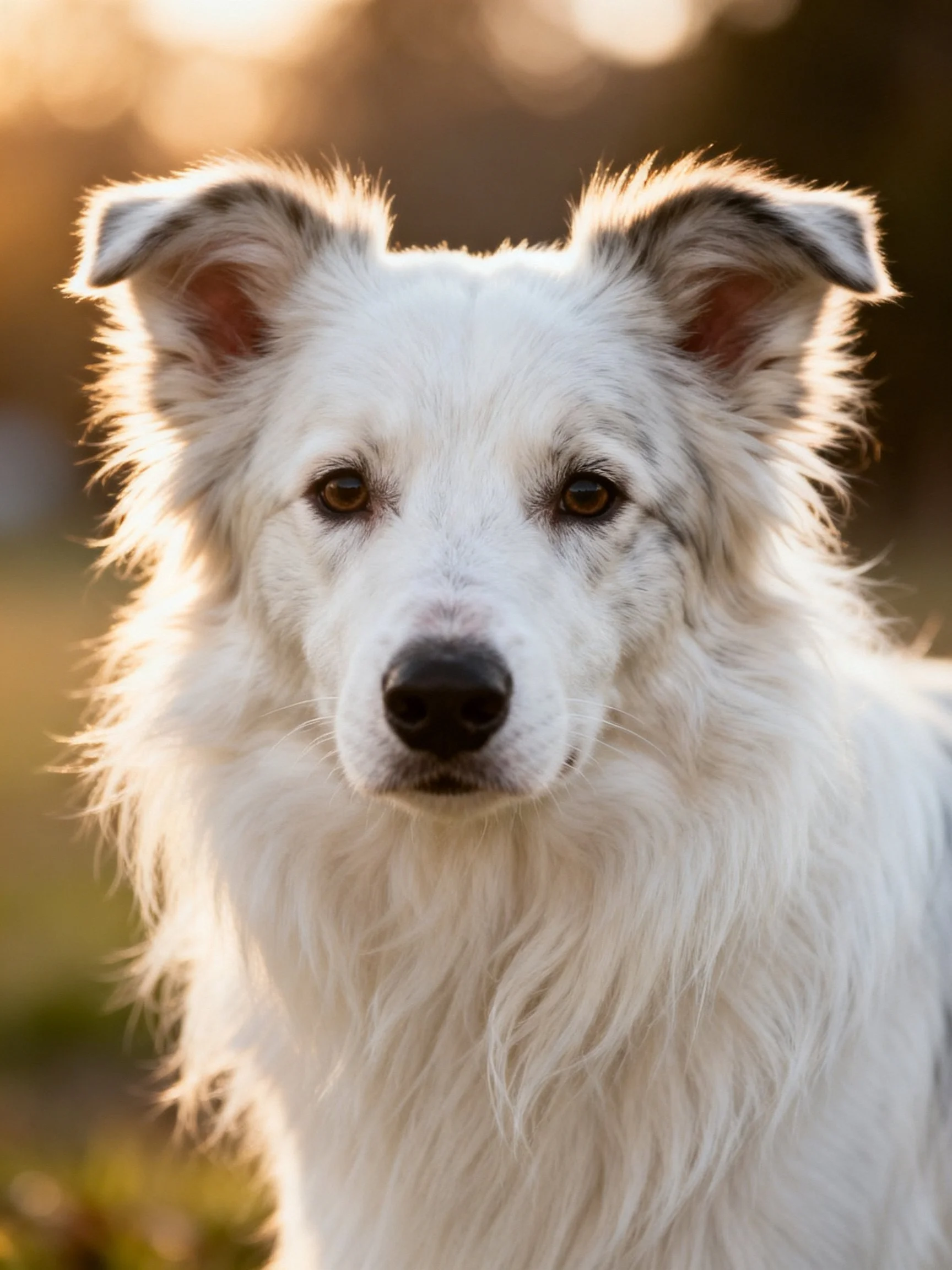 Close-up portrait of a white, long-haired dog with upright ears
