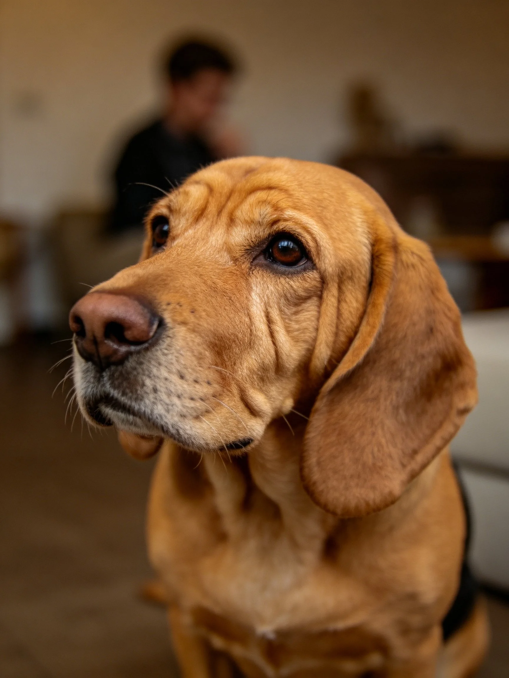 A tan - coated dog with large droopy ears is shown up close in an indoor environment.