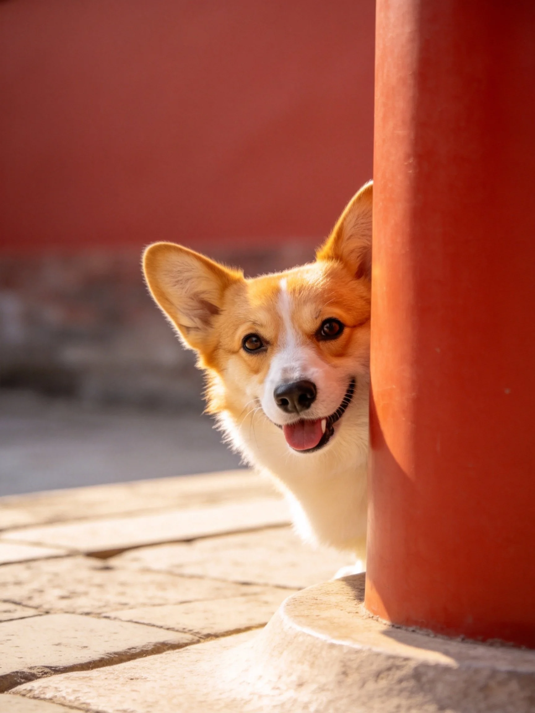 Corgi peeking from behind red column beside red wall
