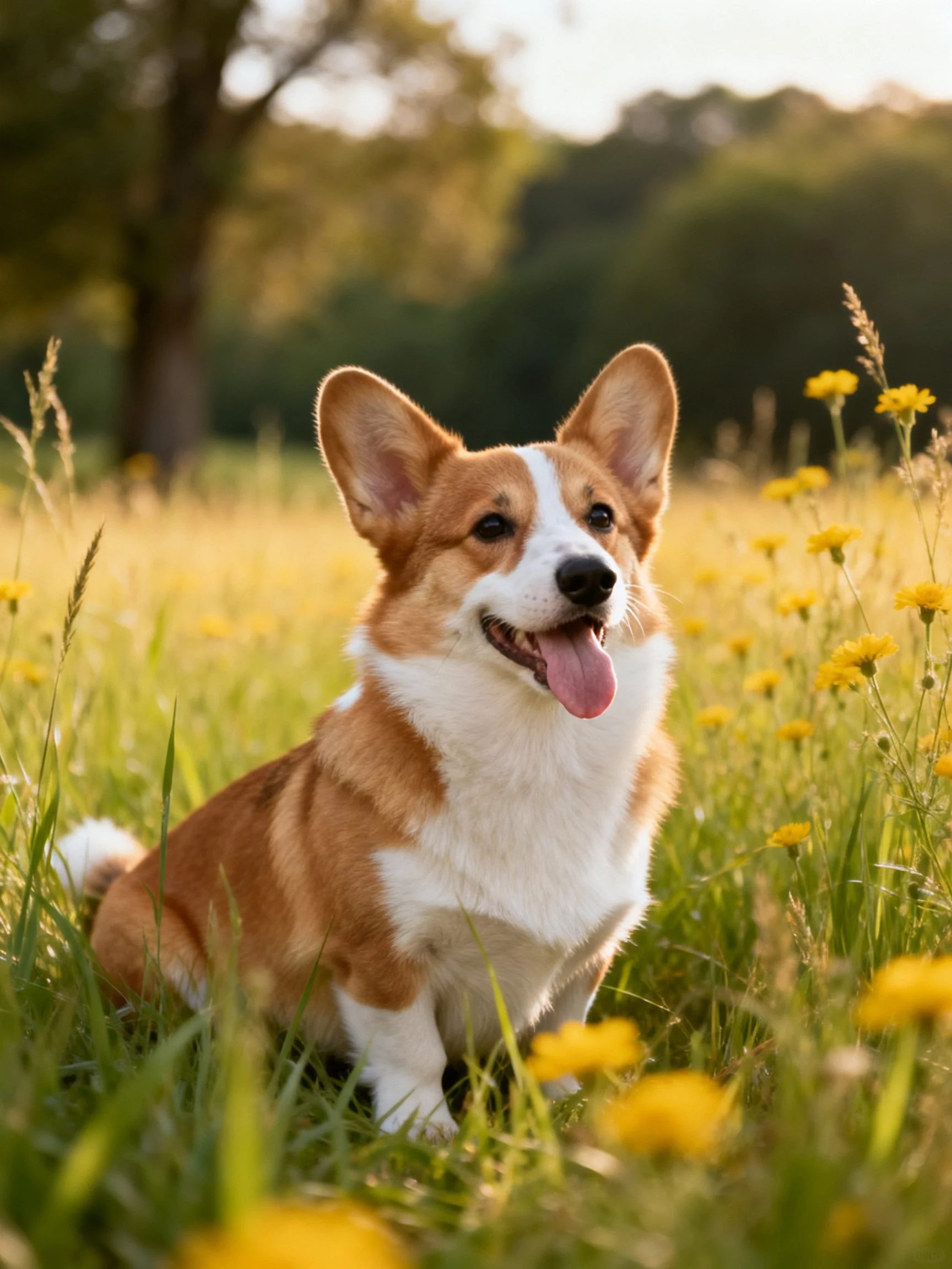 Corgi sits in sun-drenched meadowwith yellow wildflowers