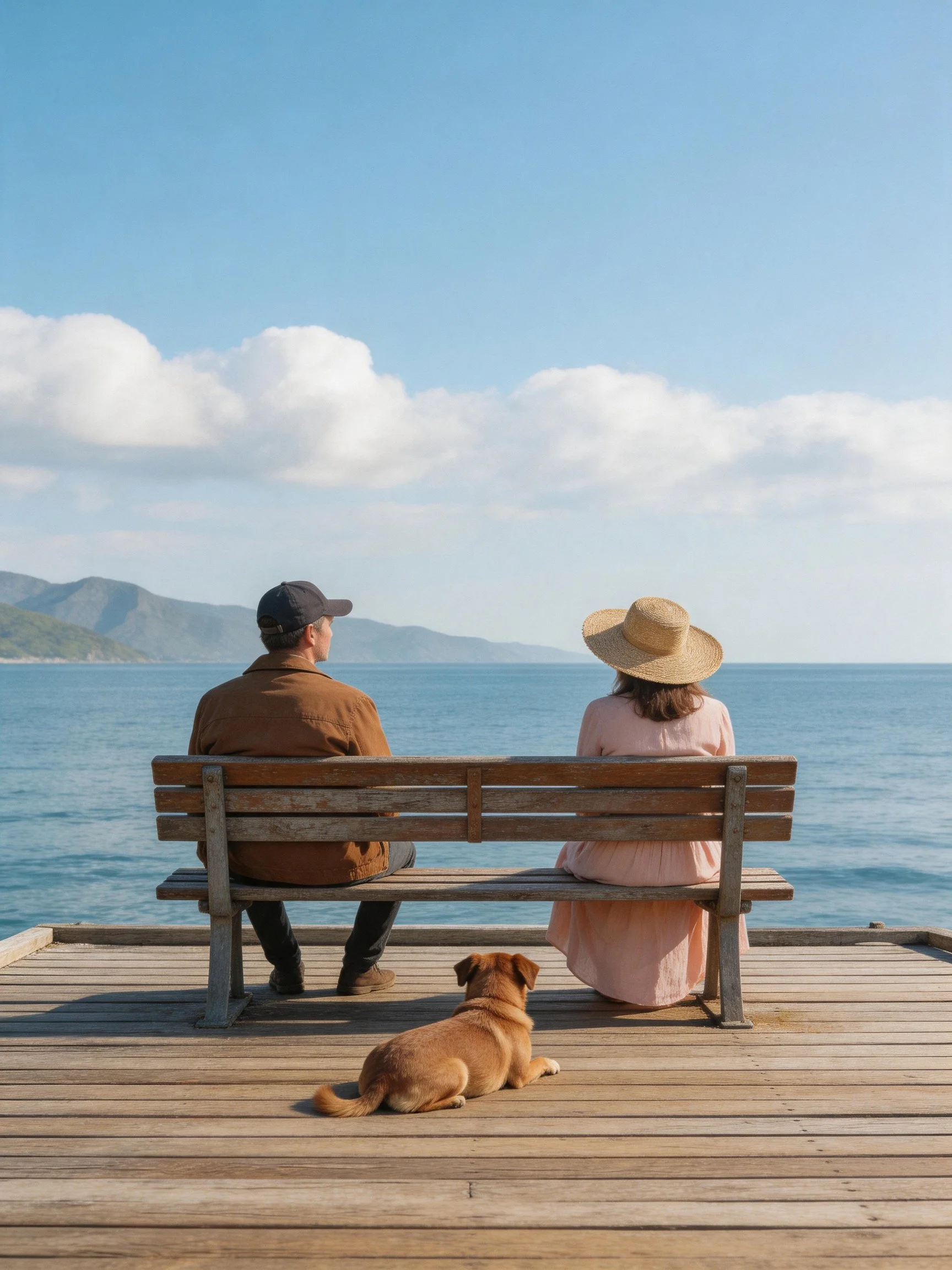 Couple and dog sit on wooden bench by blue waters