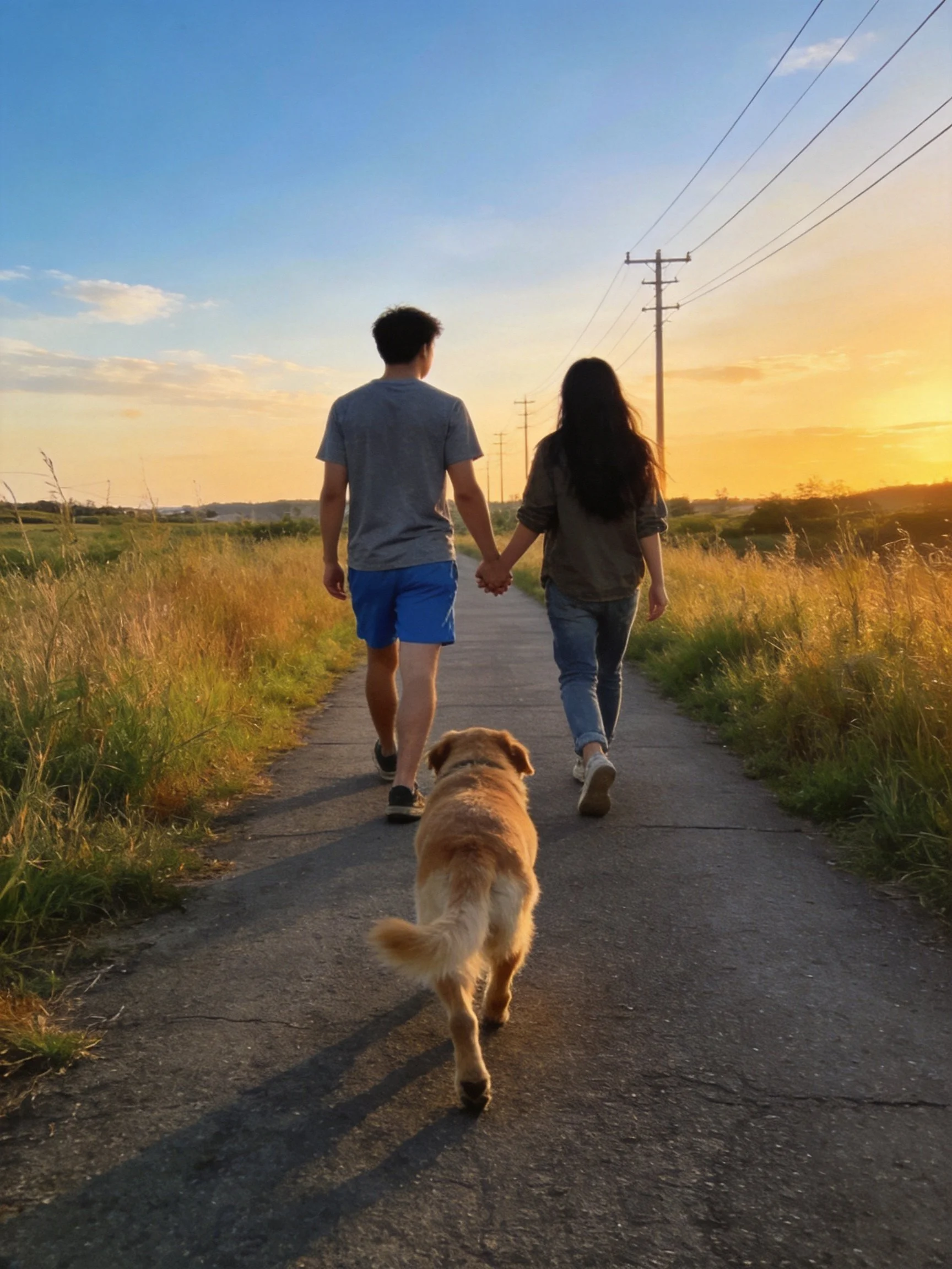 A couple walks hand-in-hand with their golden retriever along a sunlit rural path during sunset.