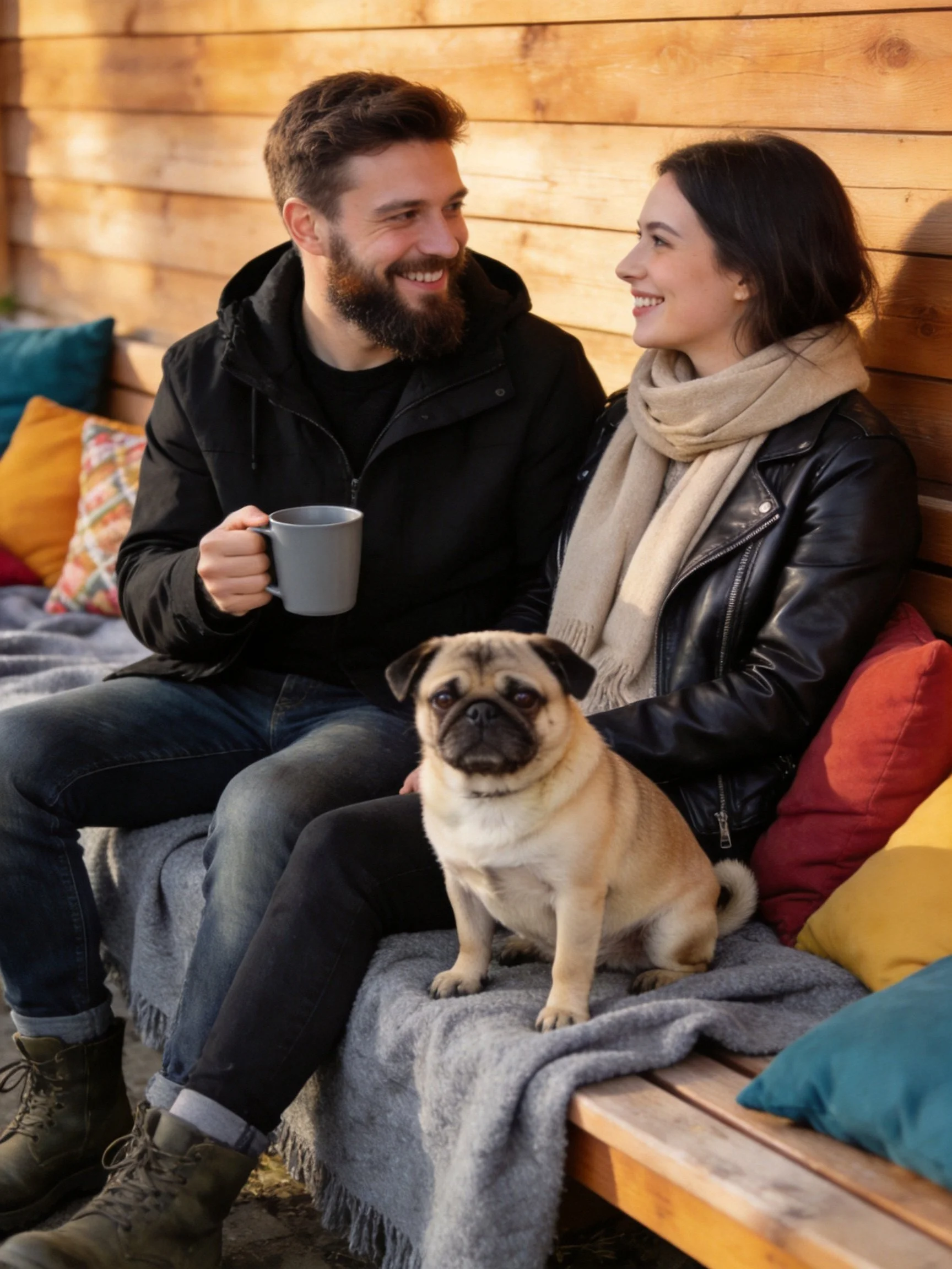Couple enjoys time with pug on wooden bench outdoors.