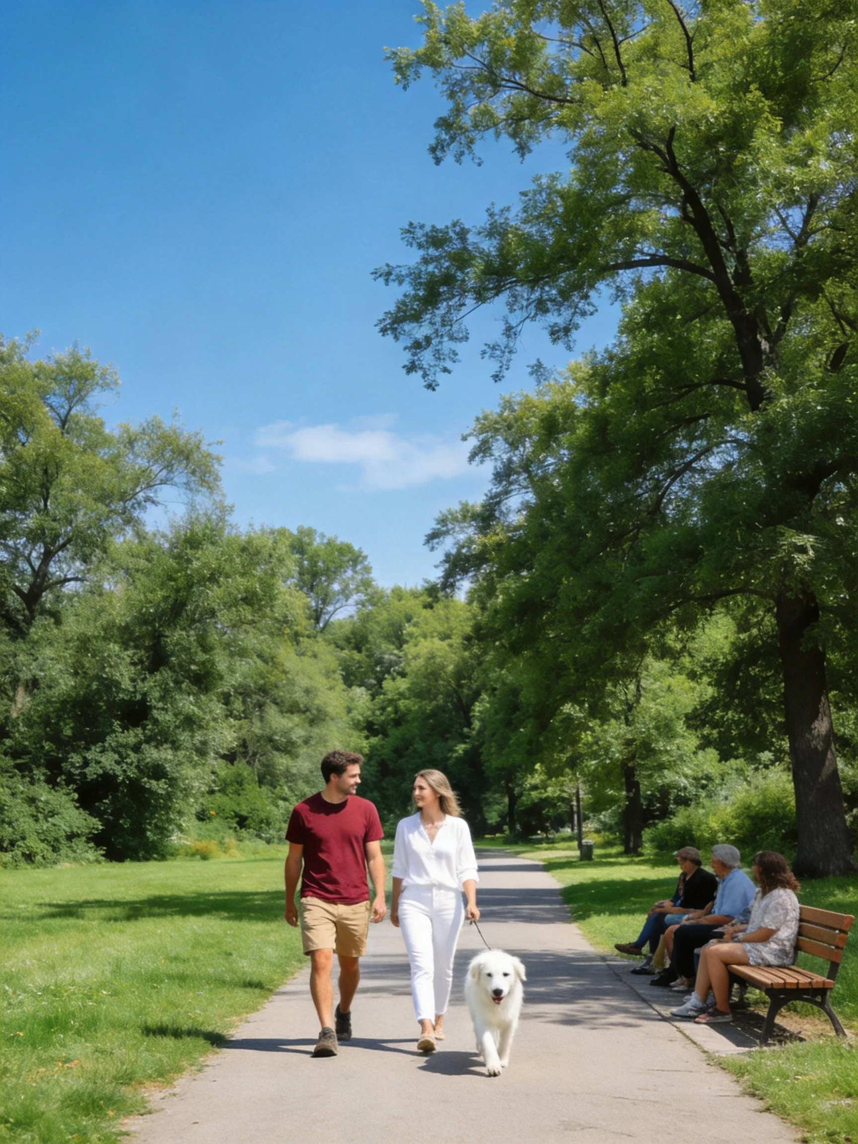 A couple walks a white dog down a park path as people sit on a bench.