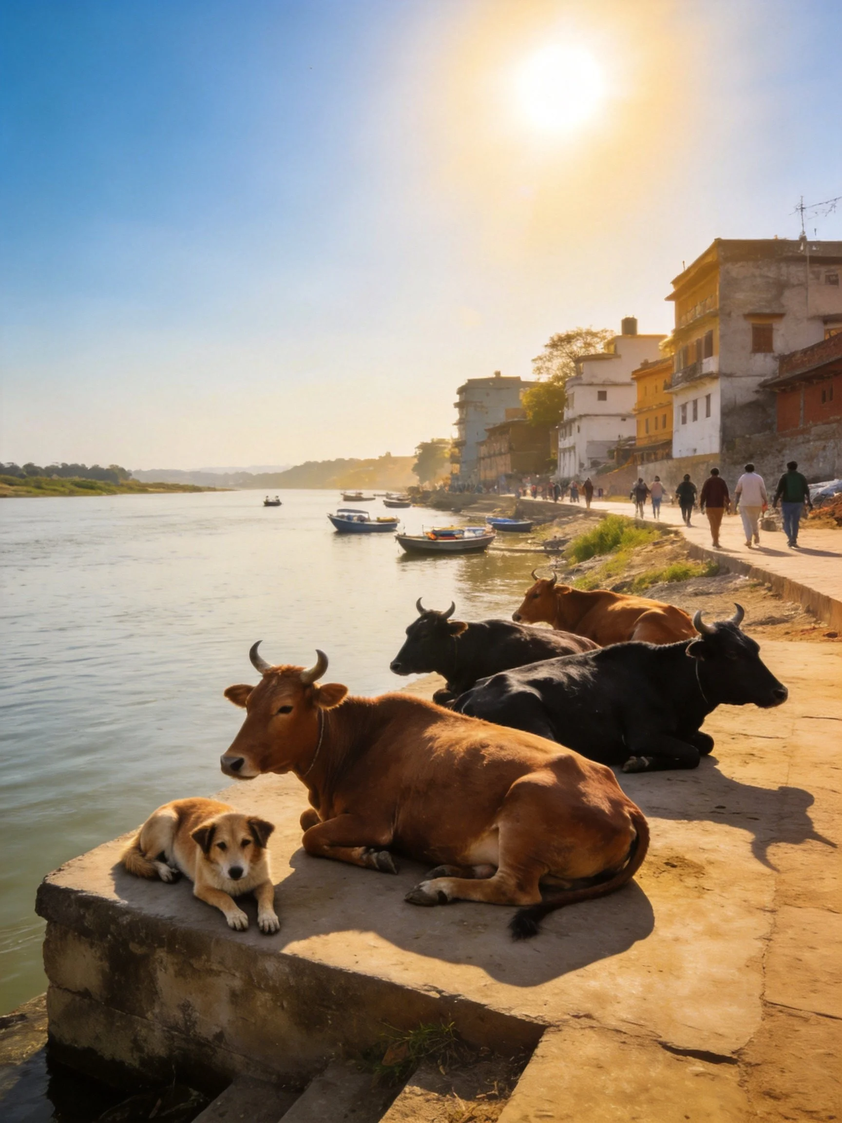 Cows and a dog relax along a riverside walkway with boats and historic buildings nearby.