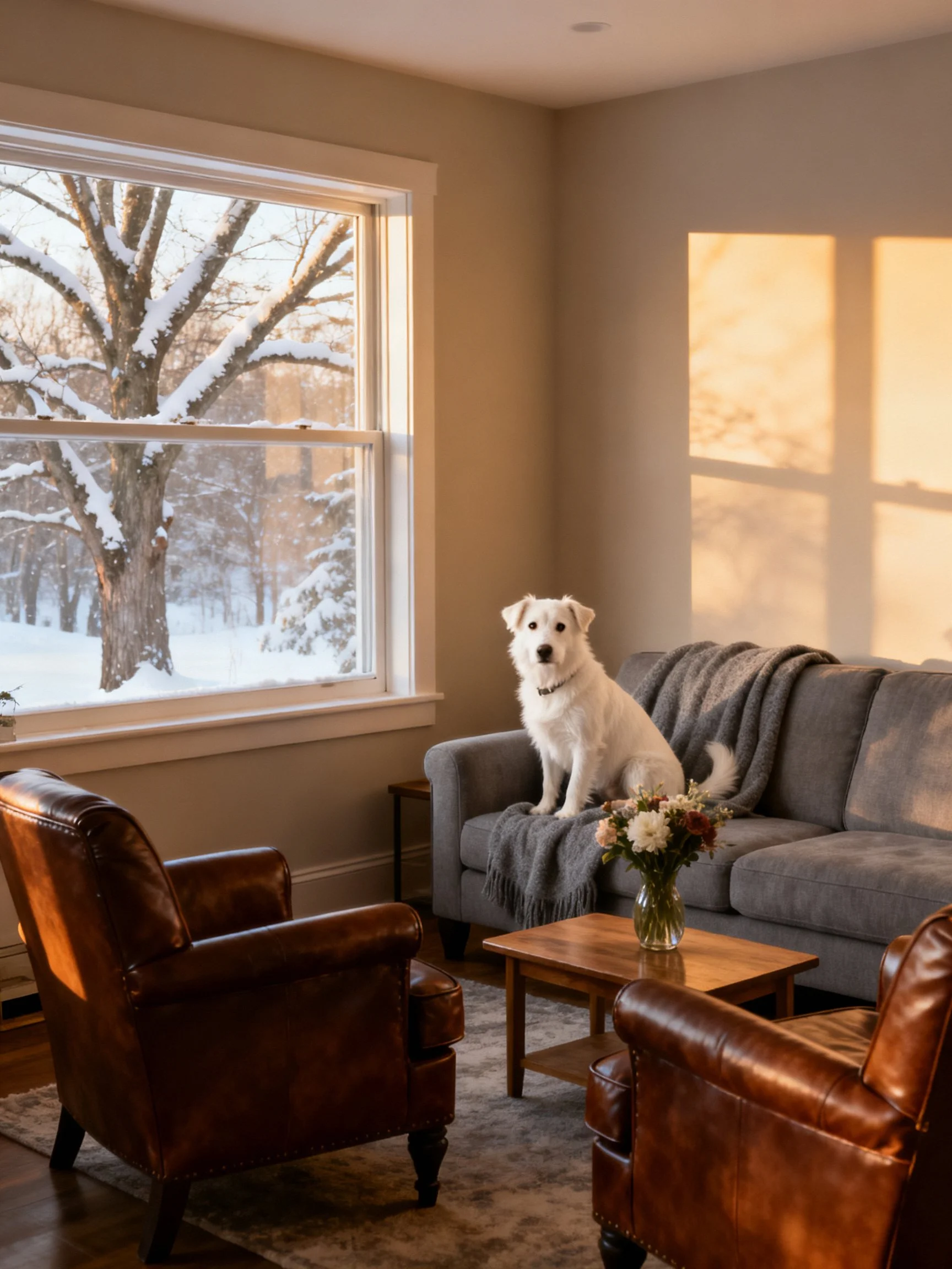 Cozy living room with white dog, gray sofa, brown leather chairs, snowy outdoor view