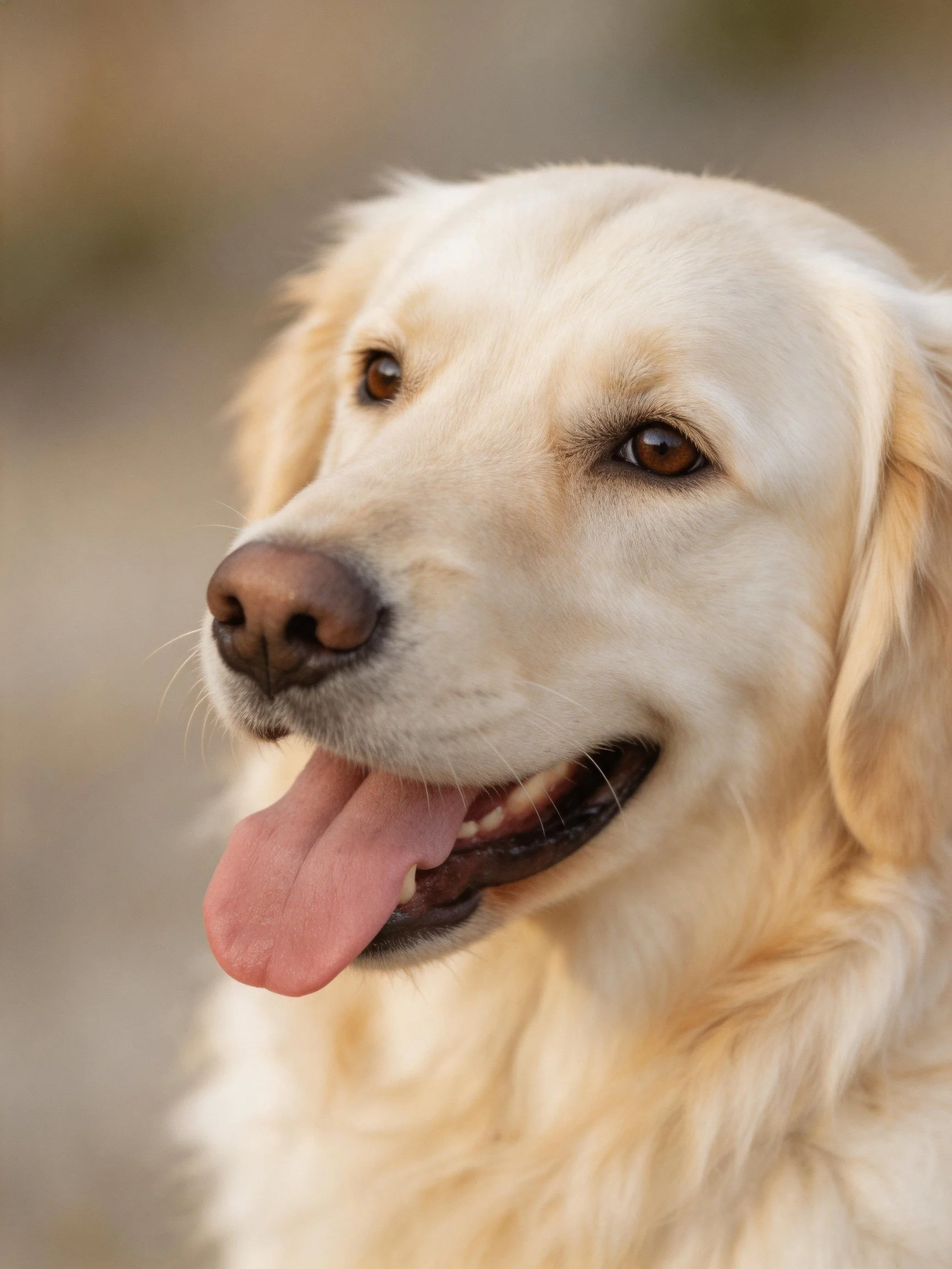 A golden retriever with a creamy coat and pink tongue appears content outdoors.