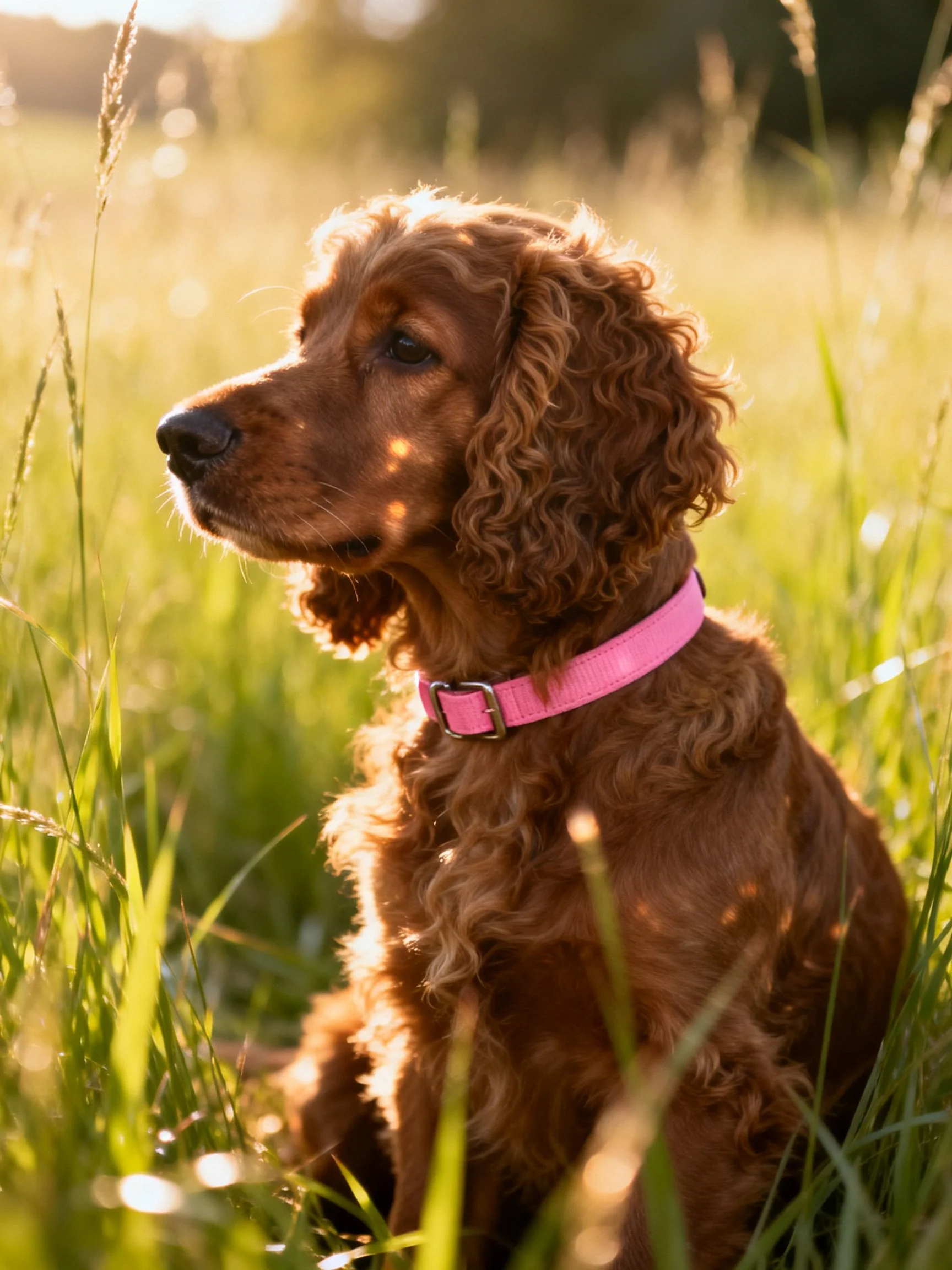Curly - haired brown dog in tall grass wears bright pink collar