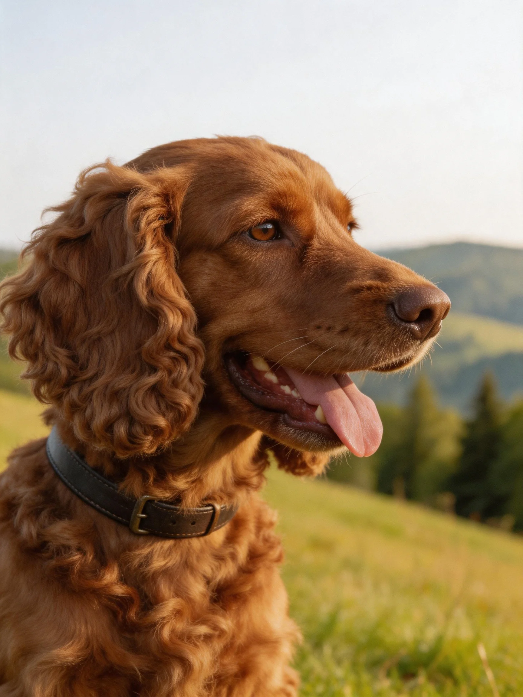 A brown dog with curly fur relaxes in a sunlit meadow near hills