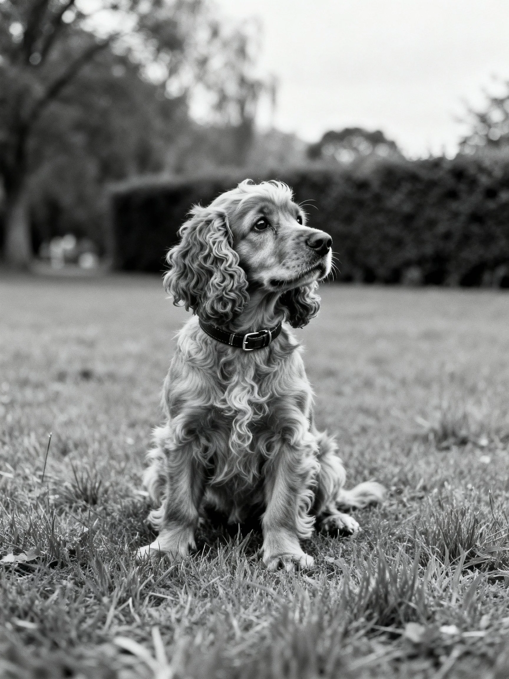 Curly - haired dog sitting on grass in a black and white outdoor scene