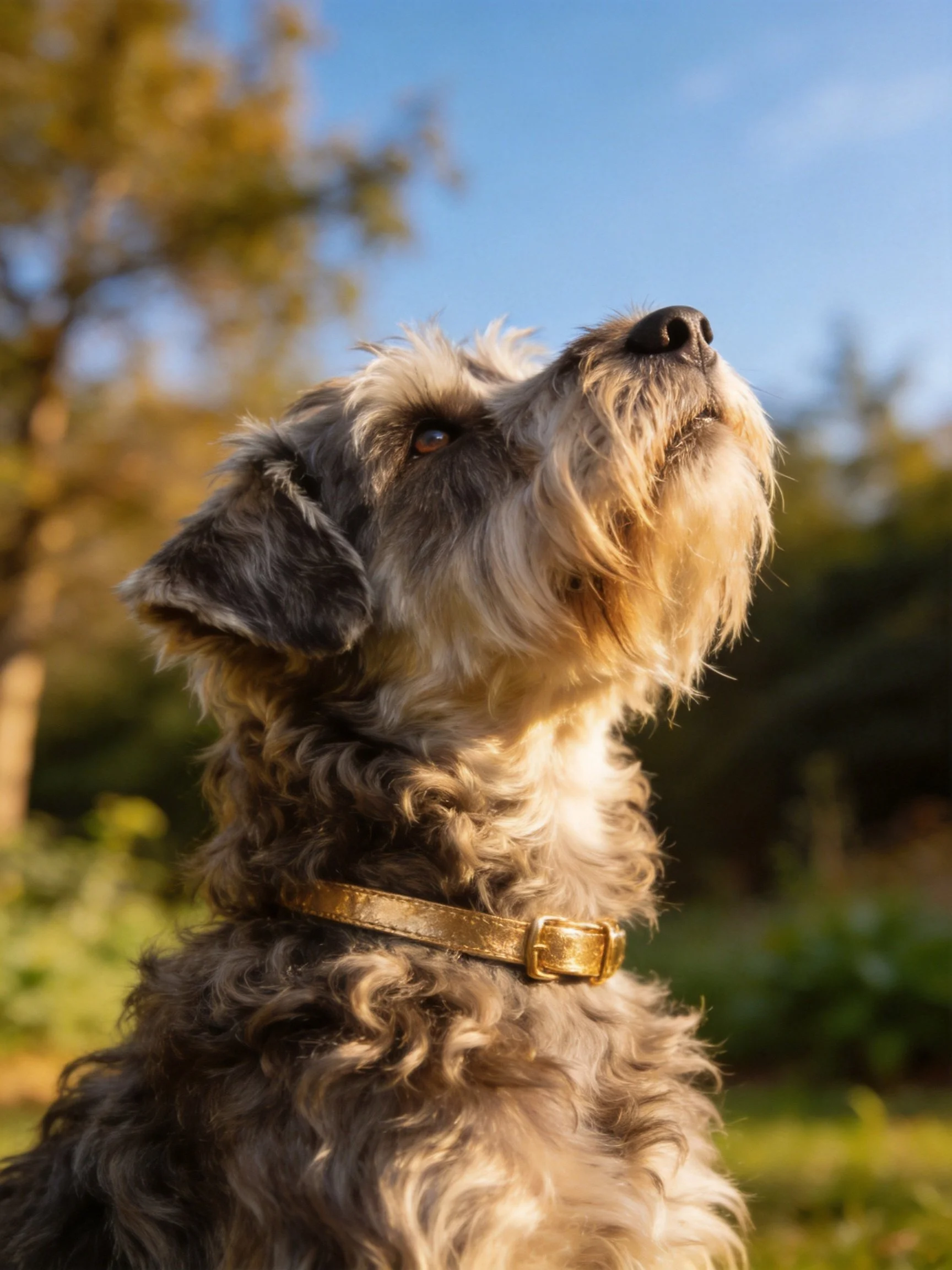 Curly-haired dog with gold collar gazes upward outdoors