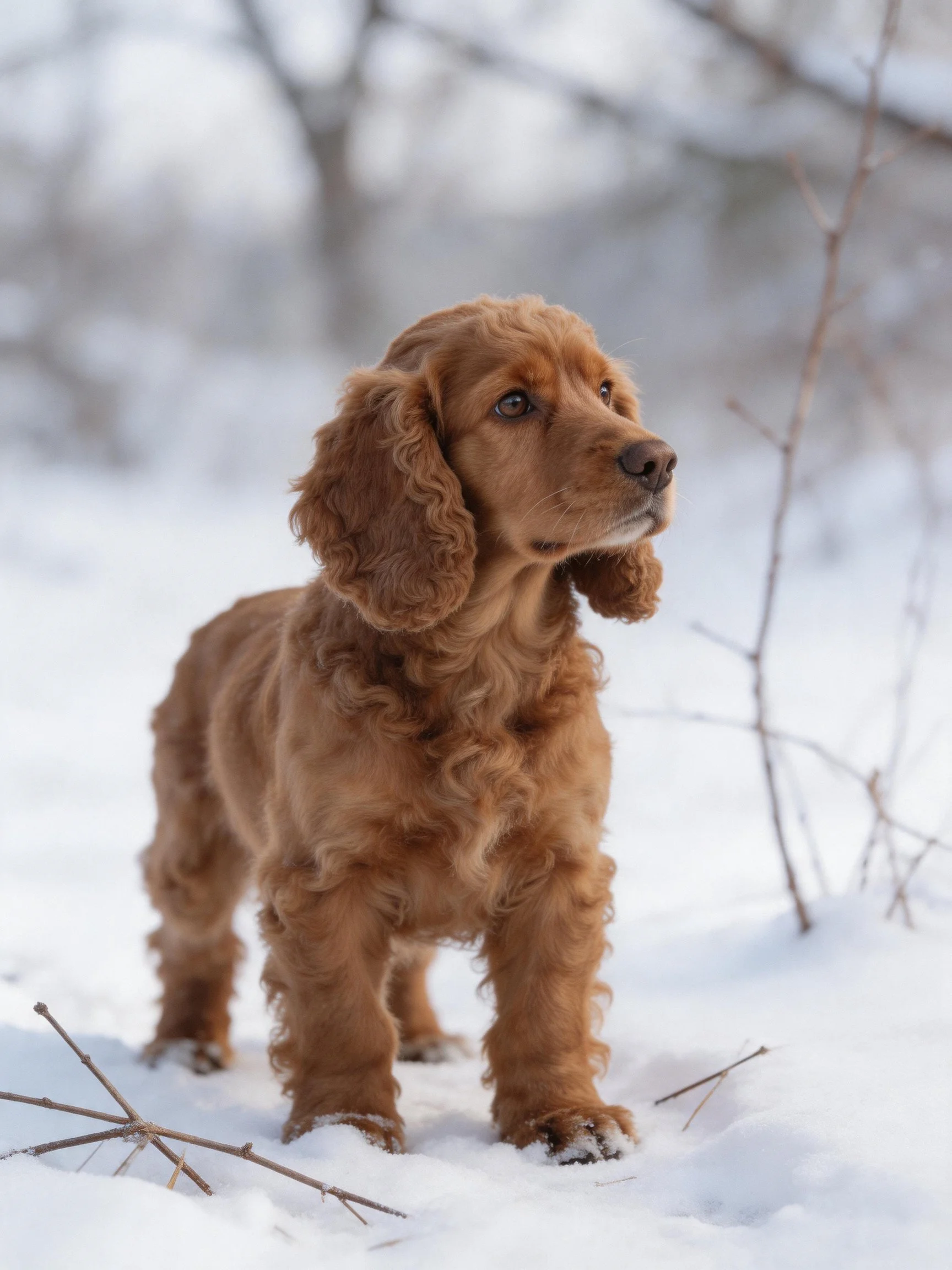 A curly-haired golden-brown CockerSpaniel puppy explores a snowy area.
