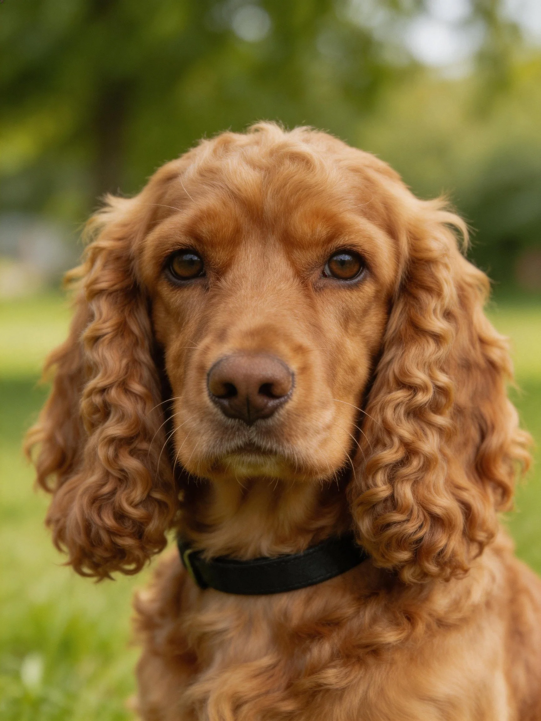 Curly-haired reddish-brown dog with long ears outdoors