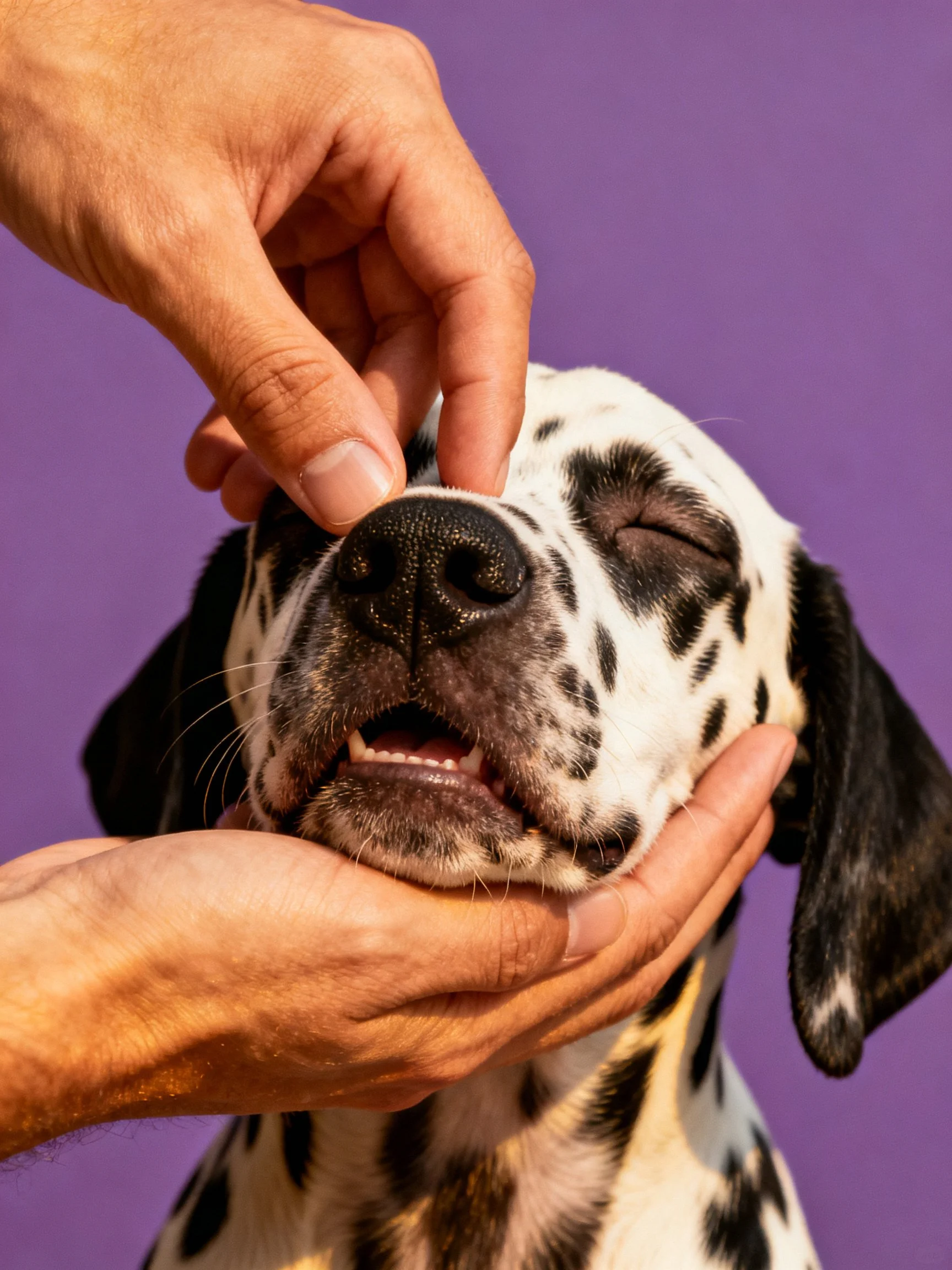Dalmatian Puppy with Black Spots Having Its Nose Touched by Human Hands