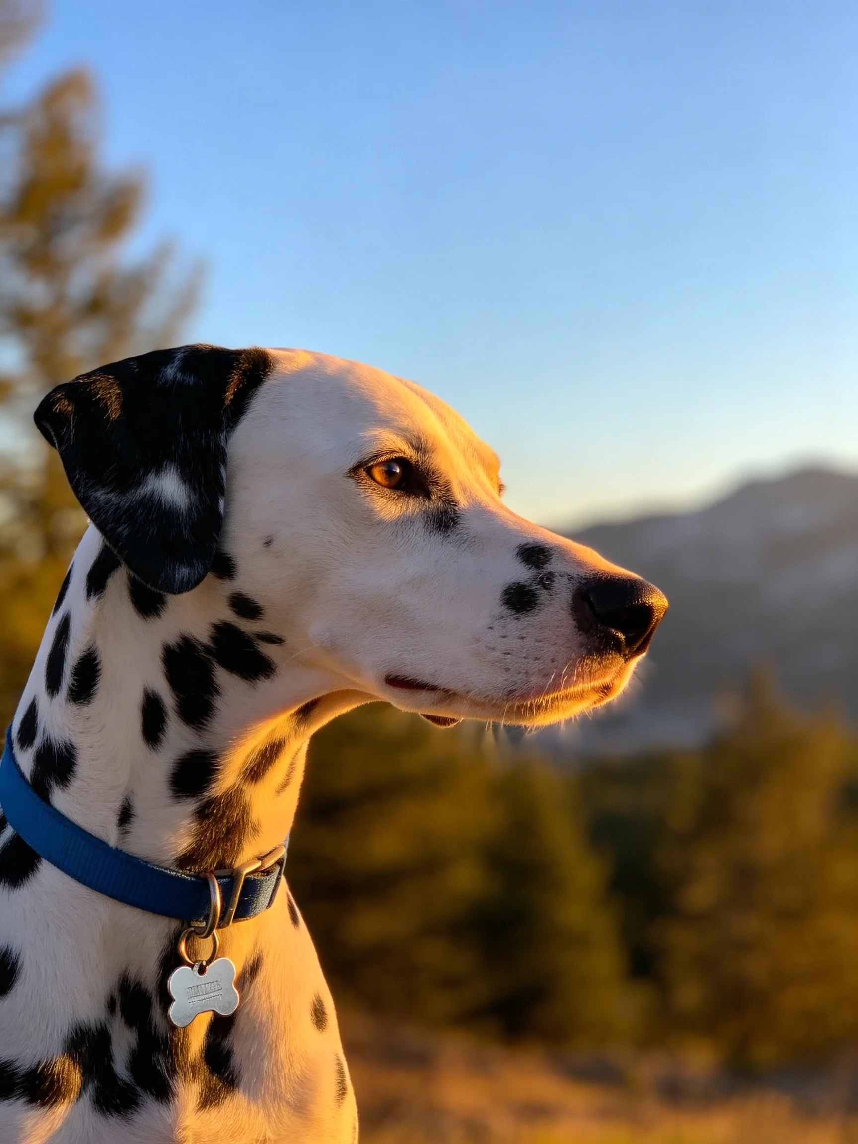 Dalmatian dog with black spots, blue collar, mountainous outdoor scene