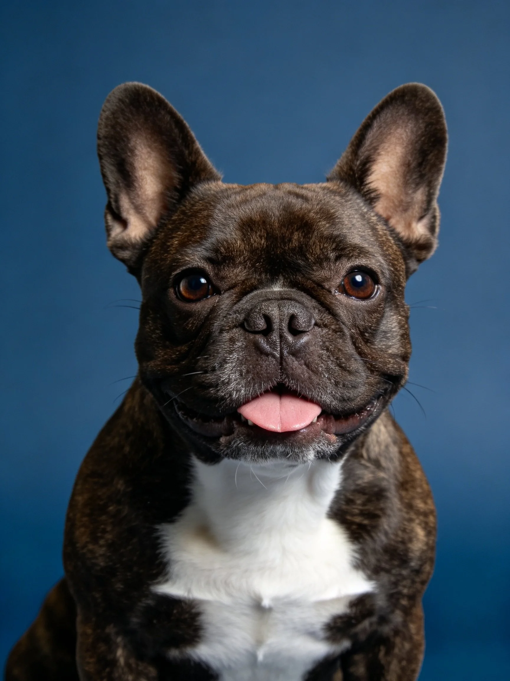 A French Bulldog with a dark brindle coat and white chest is shown against a blue background.