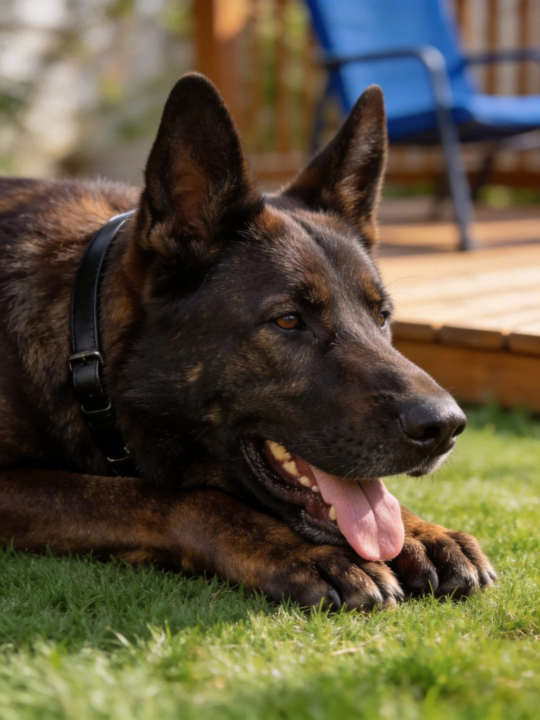 A German Shepherd rests on grass with outdoor elements in the background