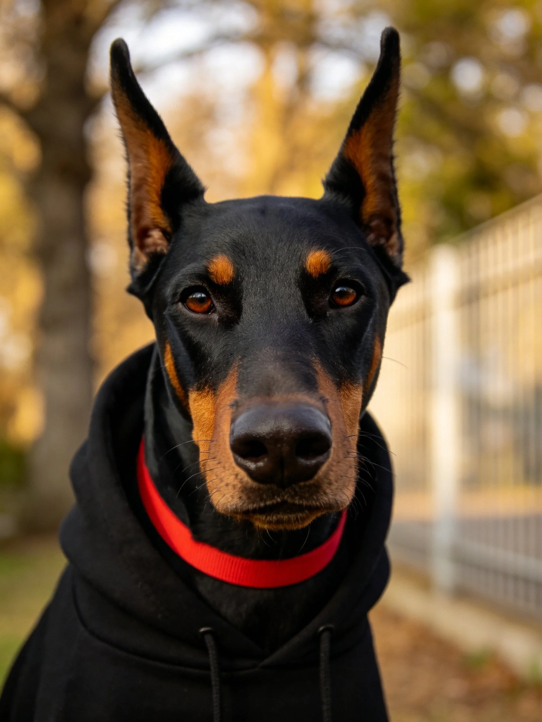 Doberman in black hoodie with red collar near autumn trees