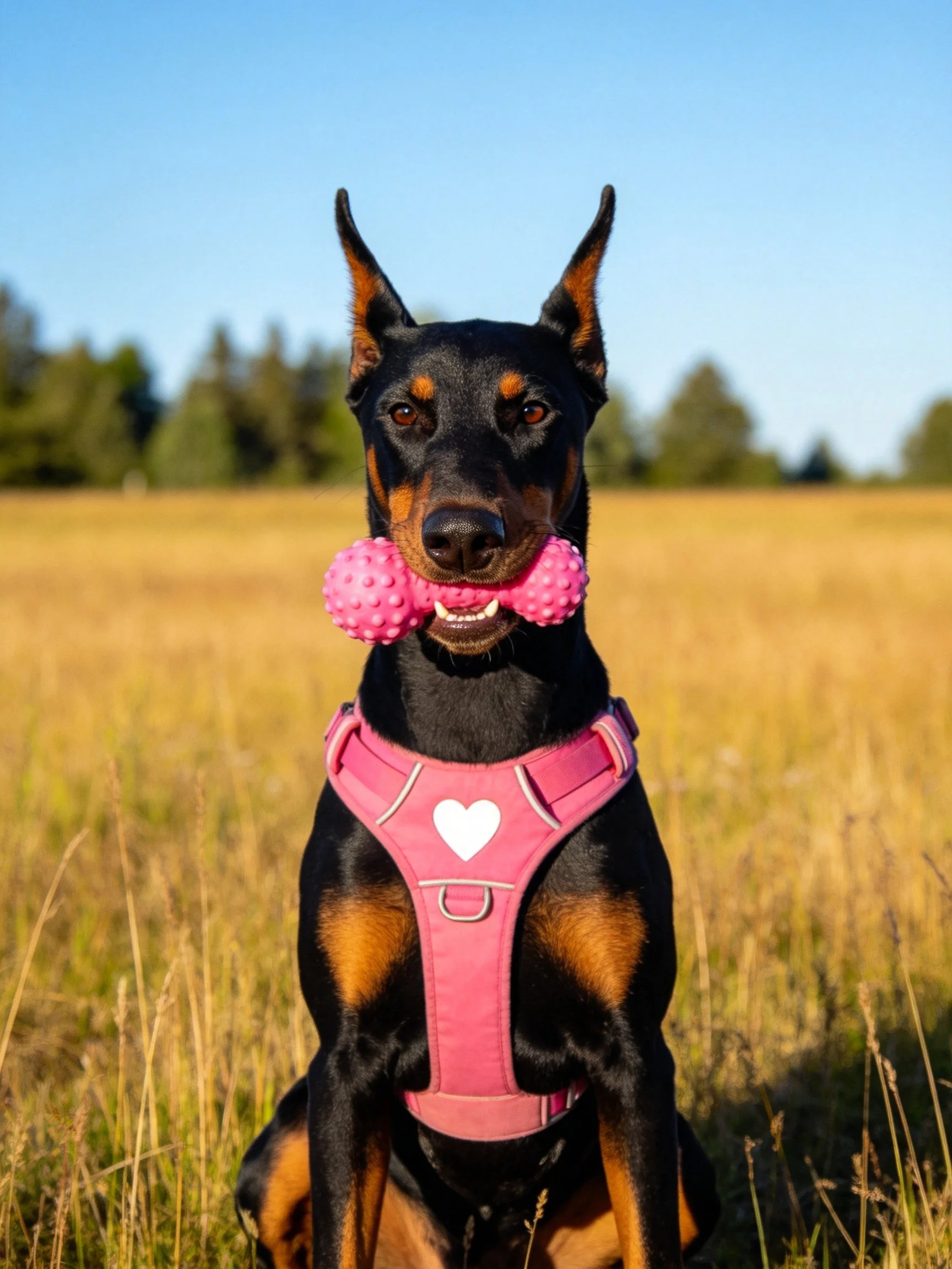 Doberman in pink harness holds pink toy in golden field