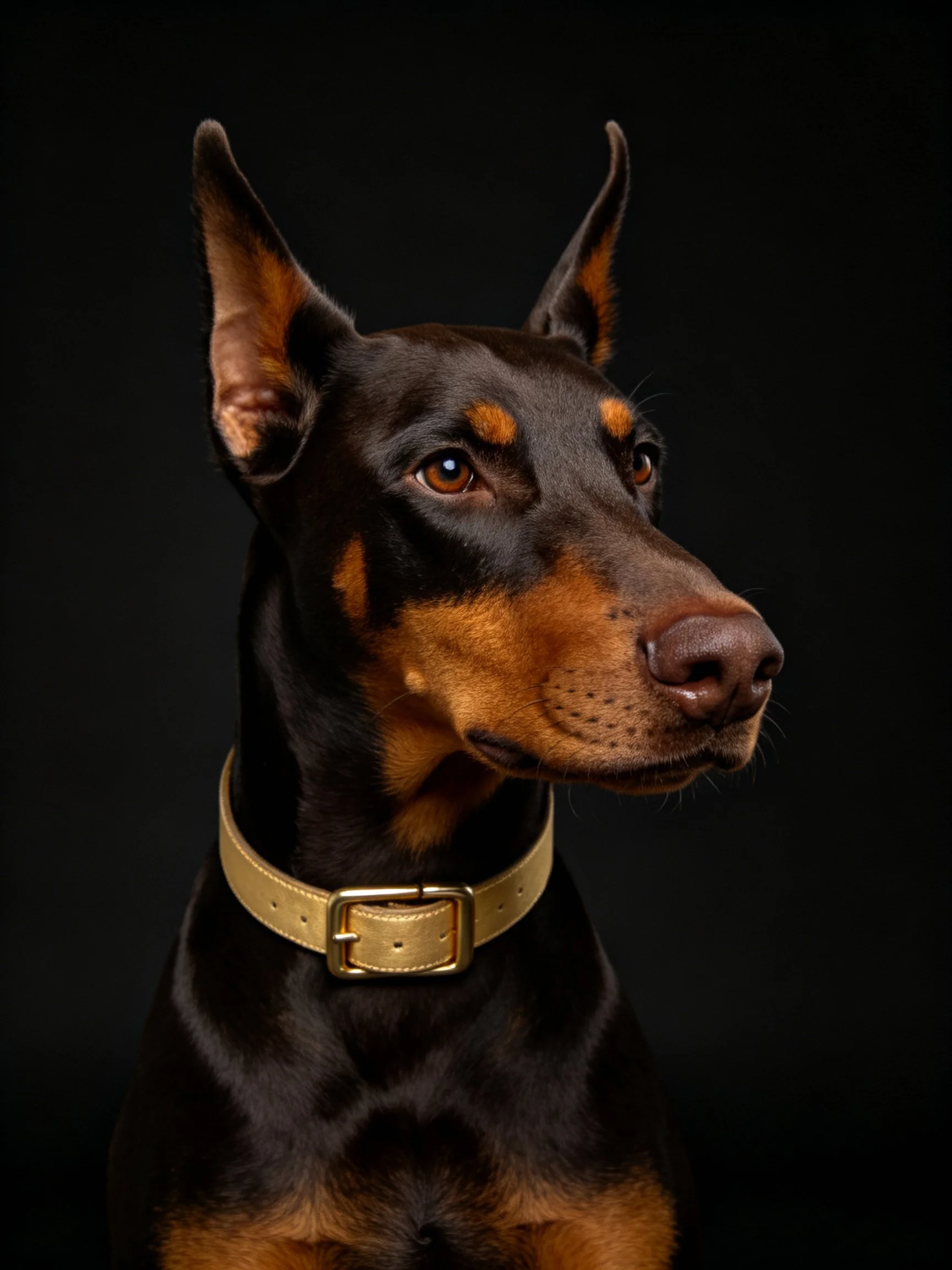 Doberman with black and tan fur, gold collar