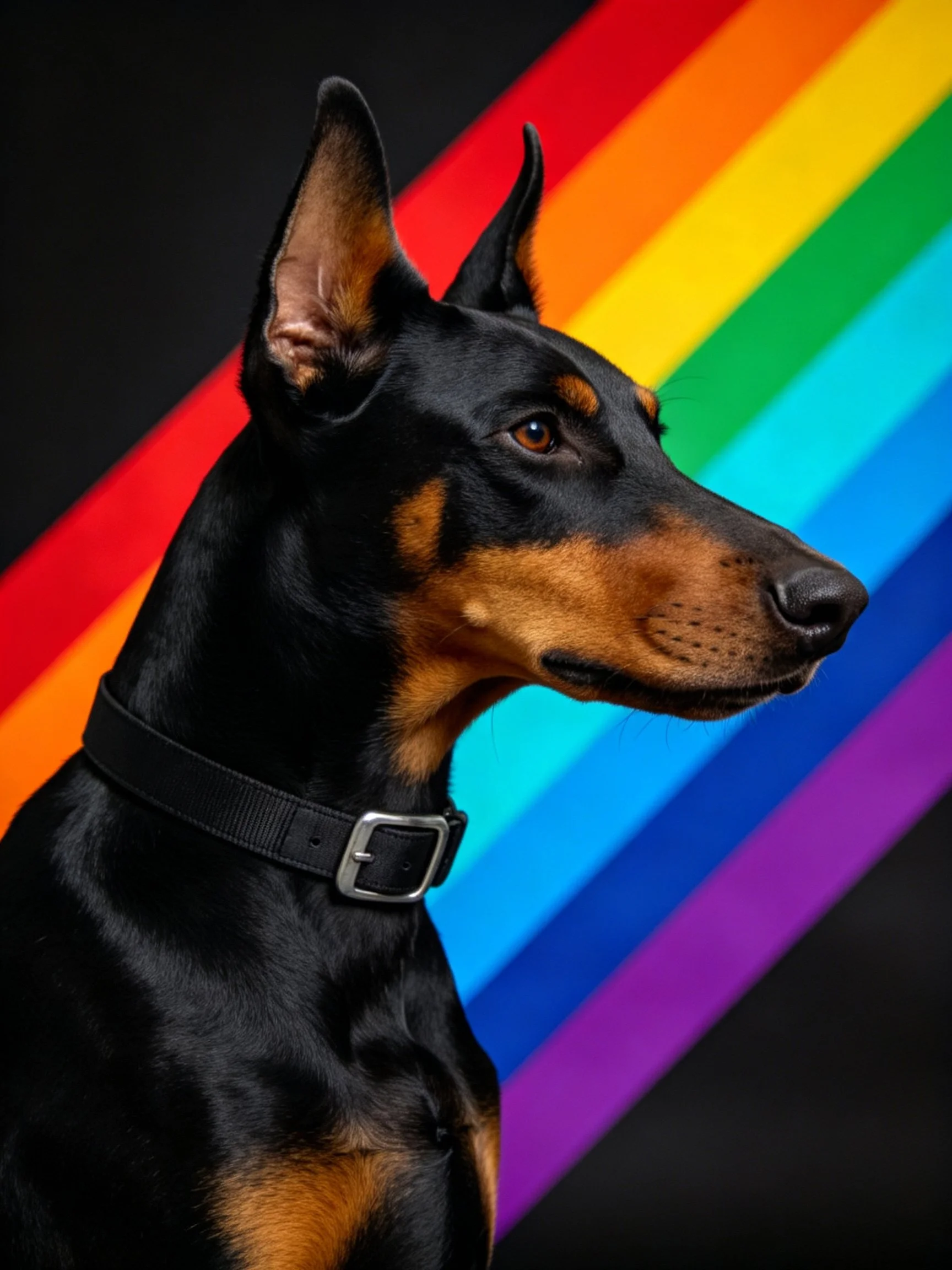 Doberman with black and tan fur near diagonal rainbow stripes
