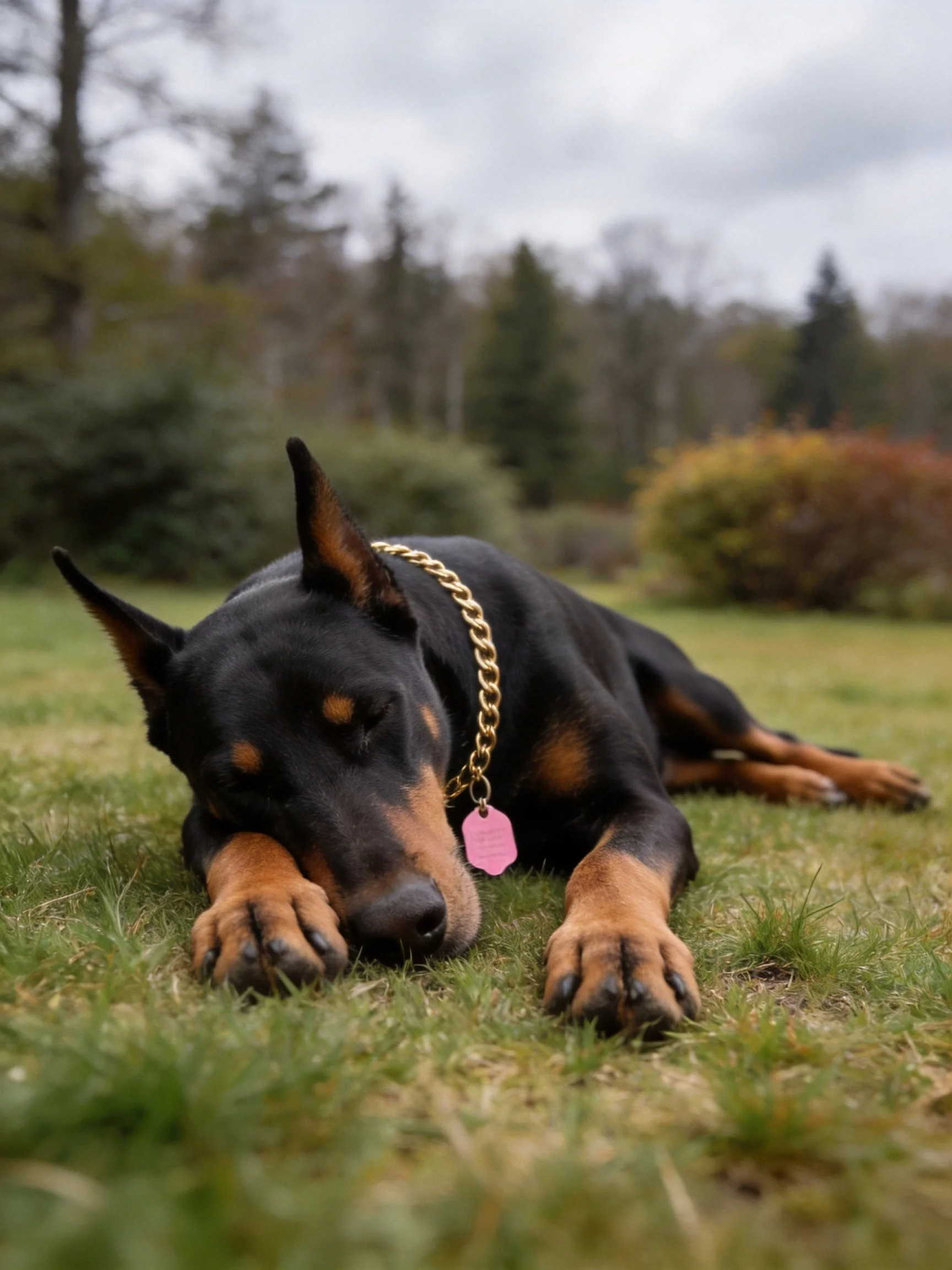 Doberman with gold chain collar resting on grassy lawn