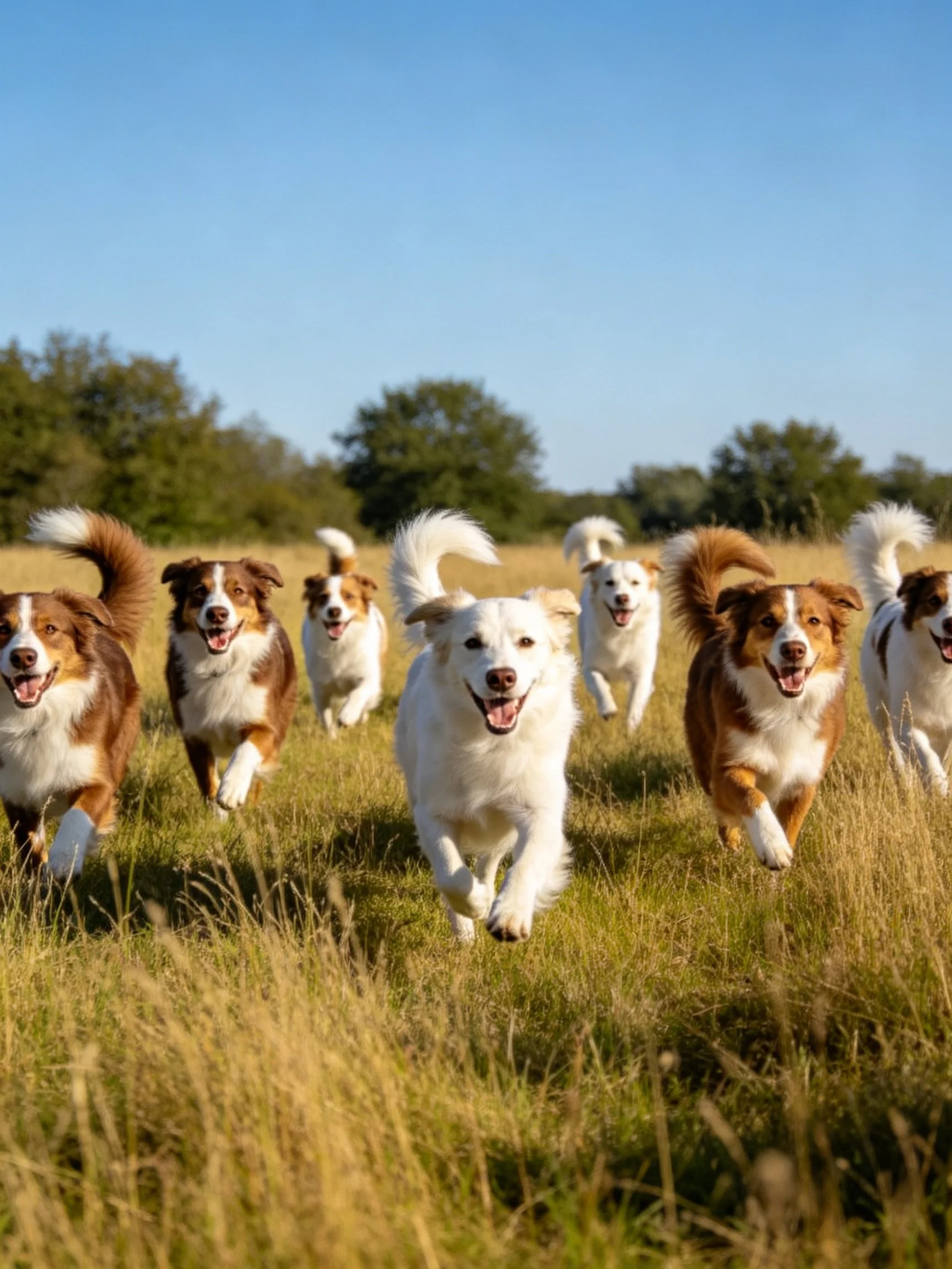 Eight diverse dogs run joyfully through tall golden grass