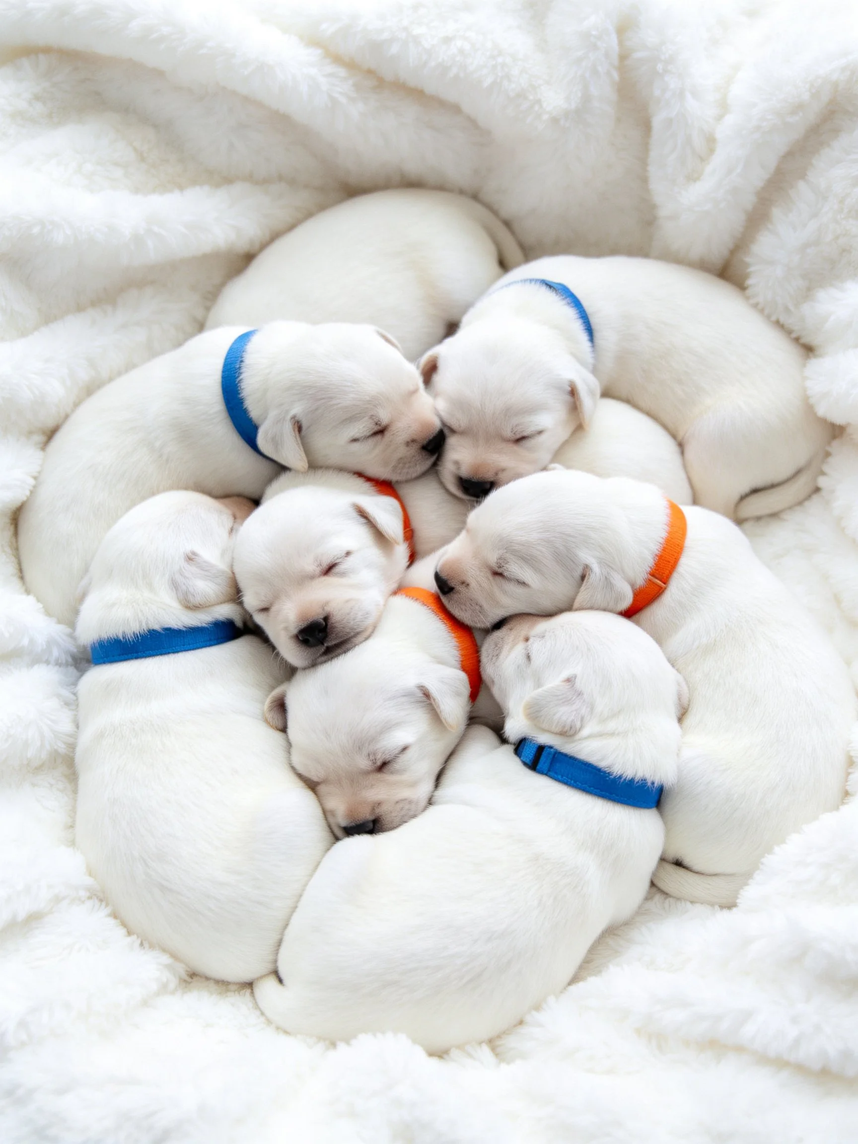 Eight white puppies cuddle together on a soft white blanket.