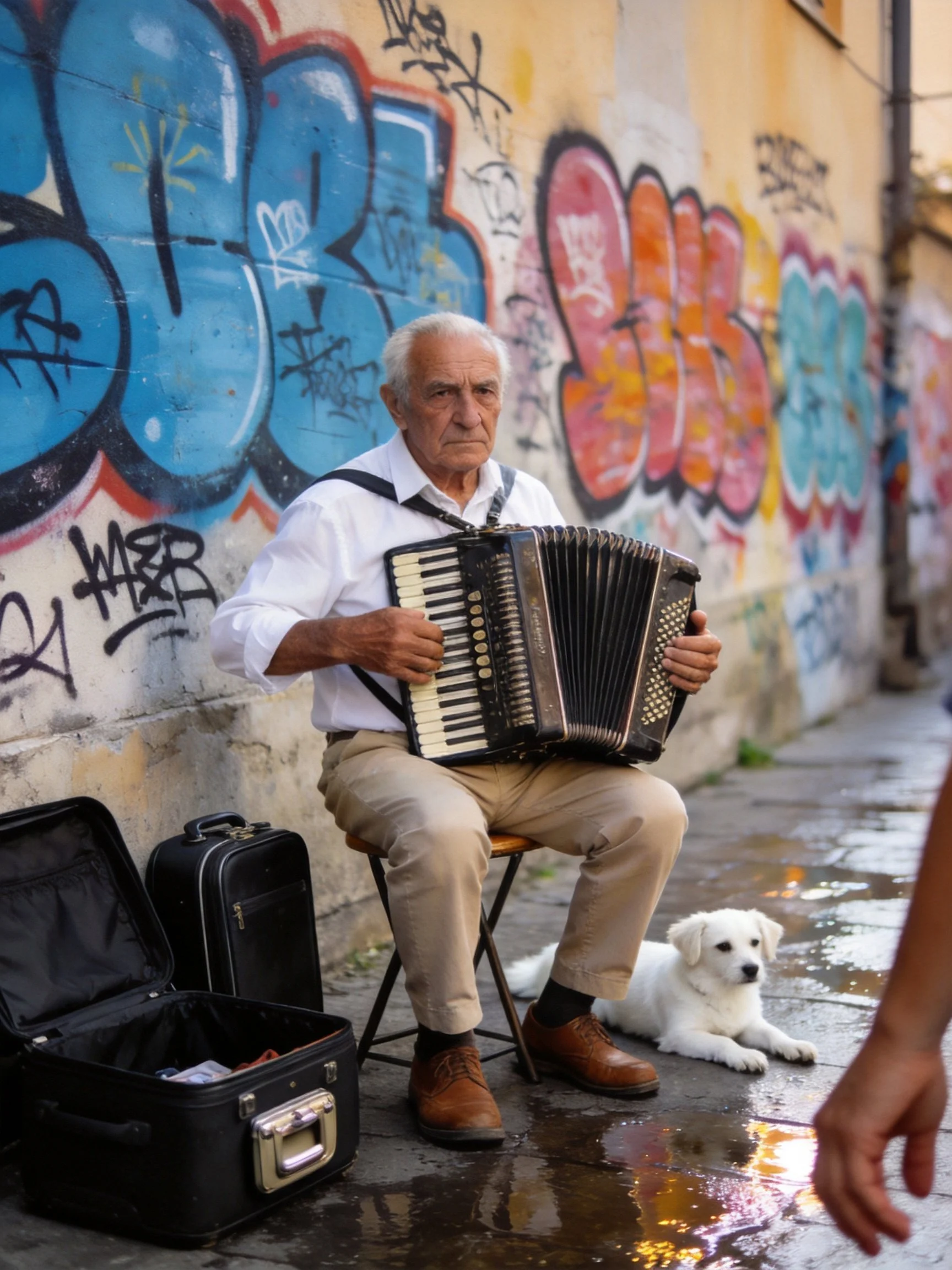 An elderly man performs accordion music beside a graffiti - covered wall with a white dog nearby.