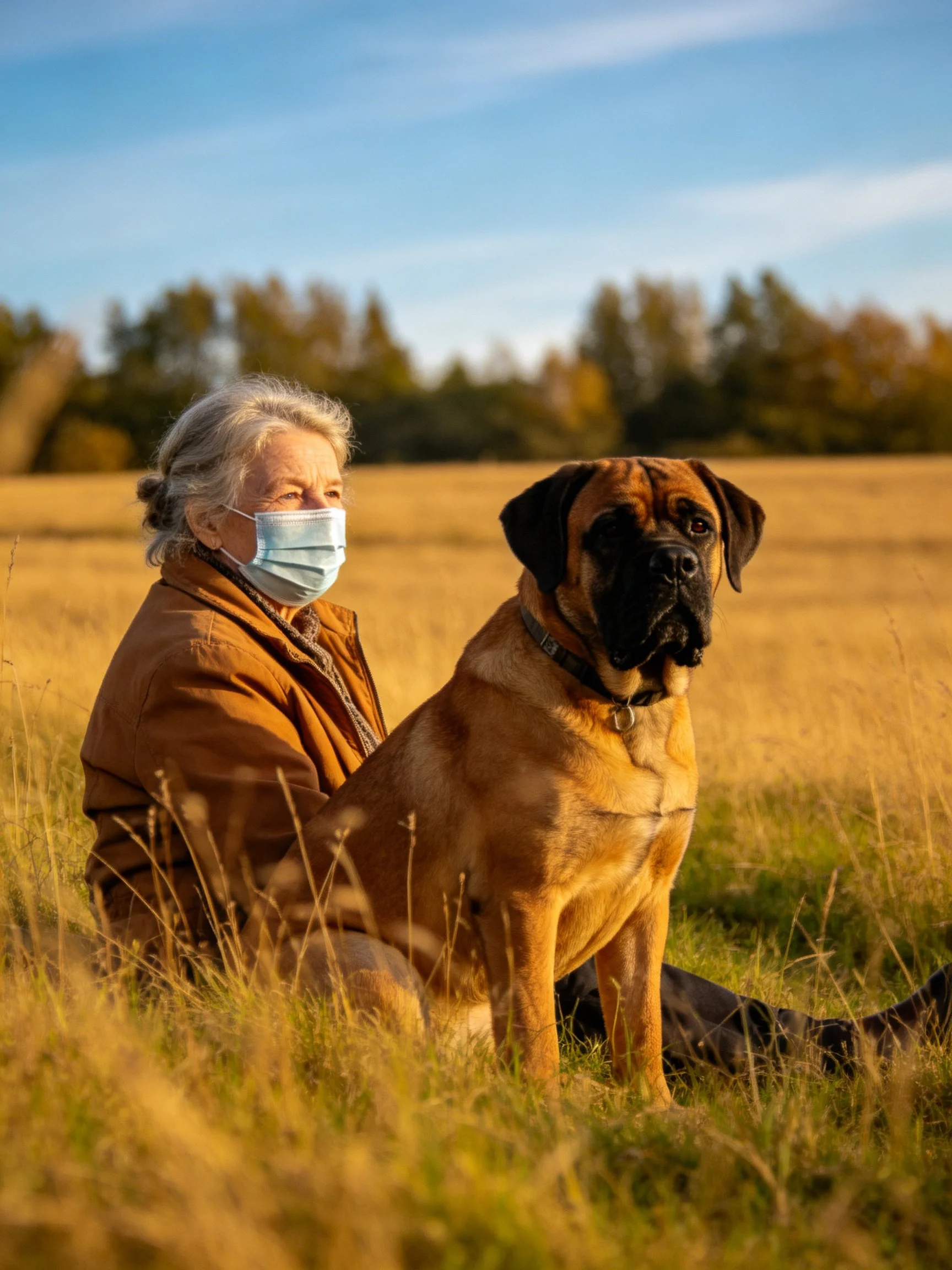 An elderly woman sits beside a large tan dog in a sunlit golden field.