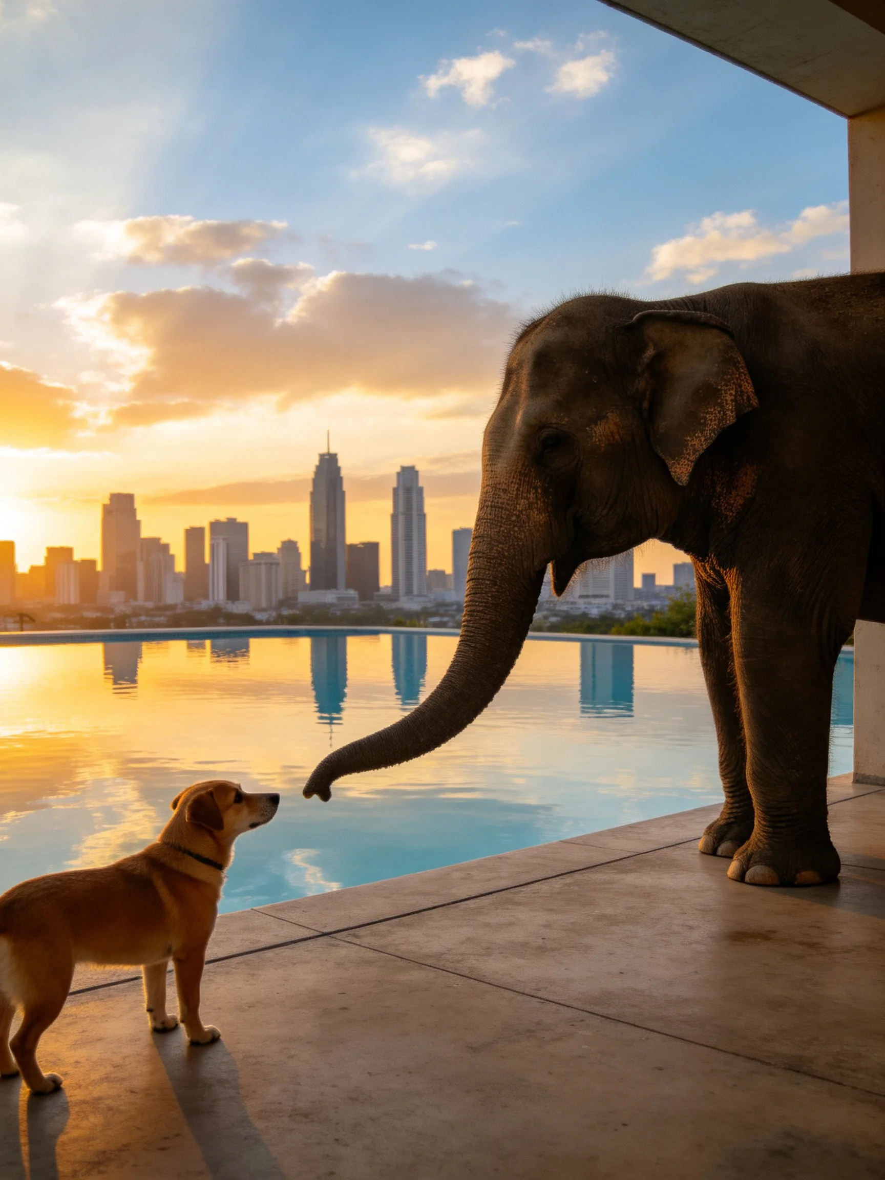Elephant and dog interact by infinity pool with city skyline at sunset
