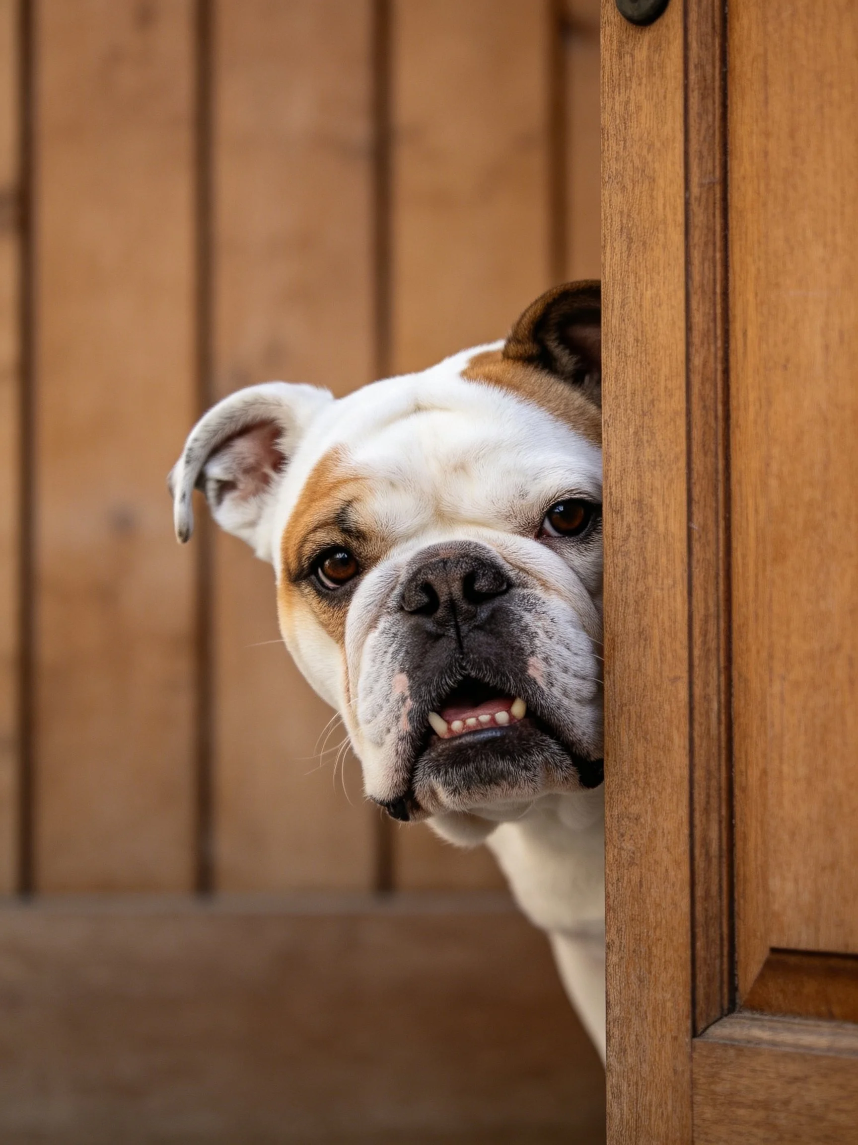 English bulldog with white and brown fur peeks from wooden structure