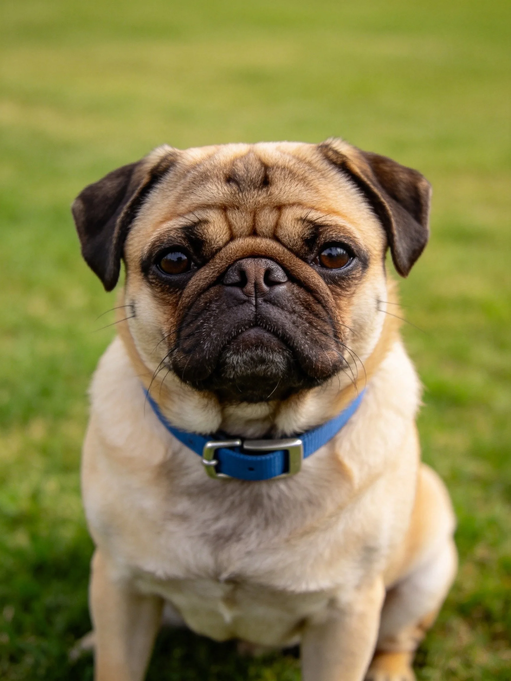 A fawn pug with a blue collar sits calmly on green grass.