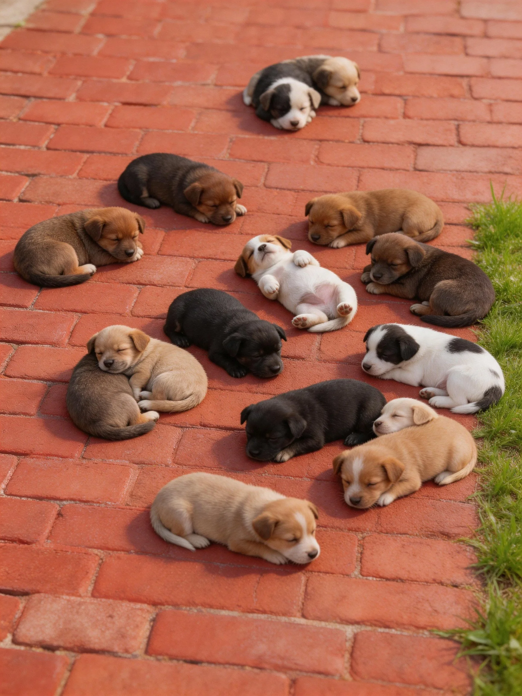 Colorful puppies gather to sleep on red brick pavement outdoors.