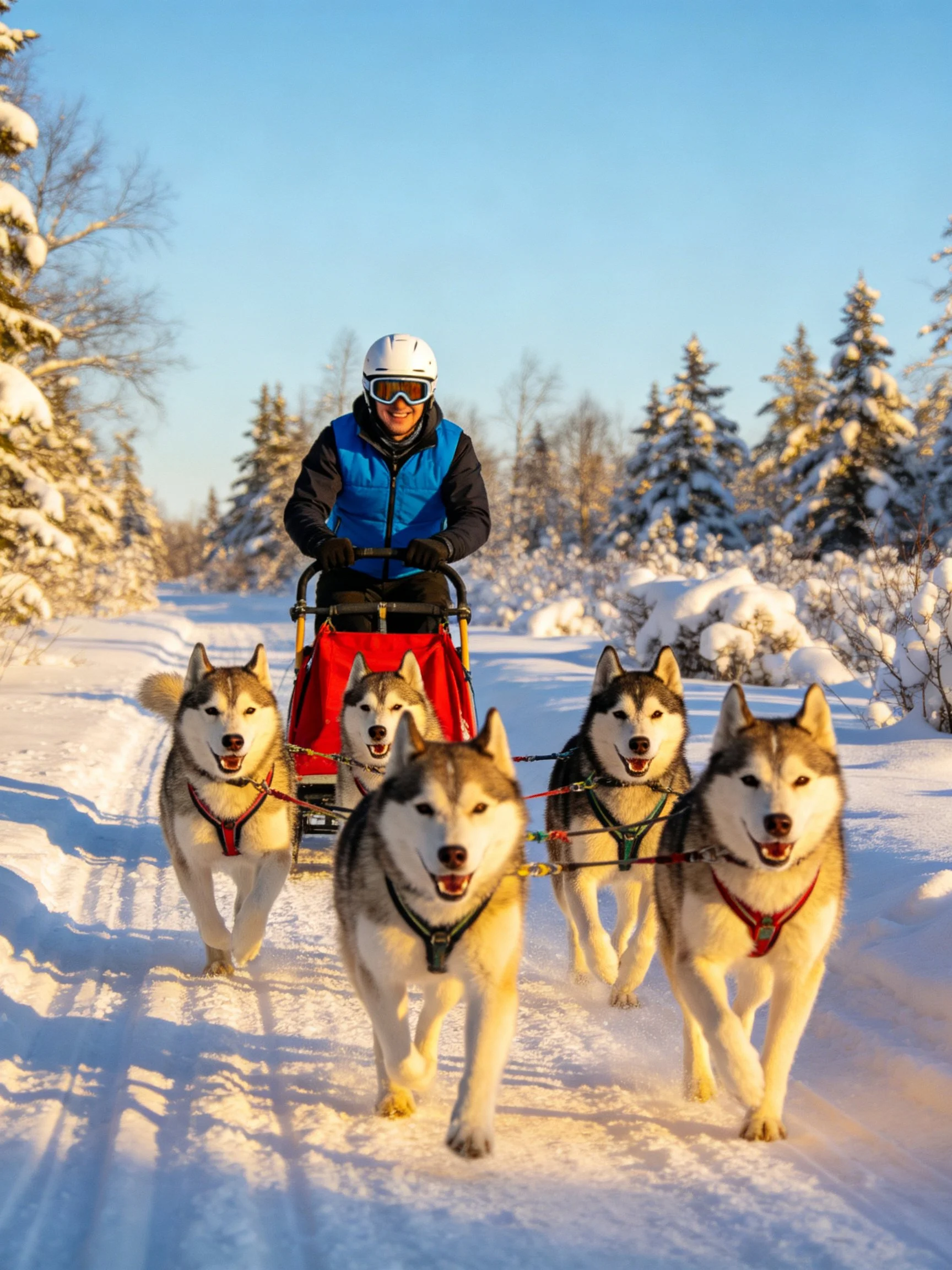 A driver rides a sled pulled by five Siberian Huskies through a snowy forest.