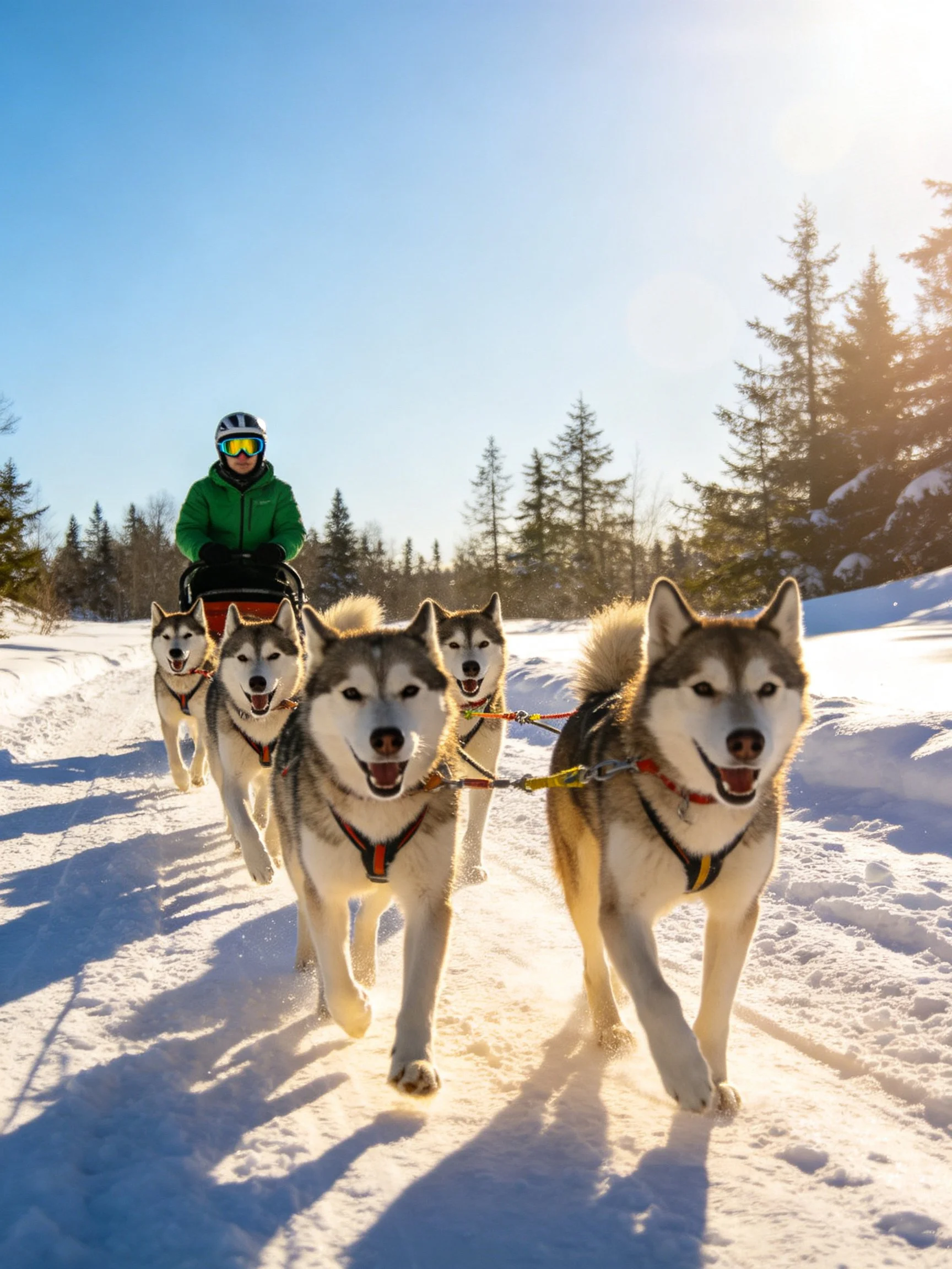 Five Siberian Huskies pull a sled with a rider in green jacket